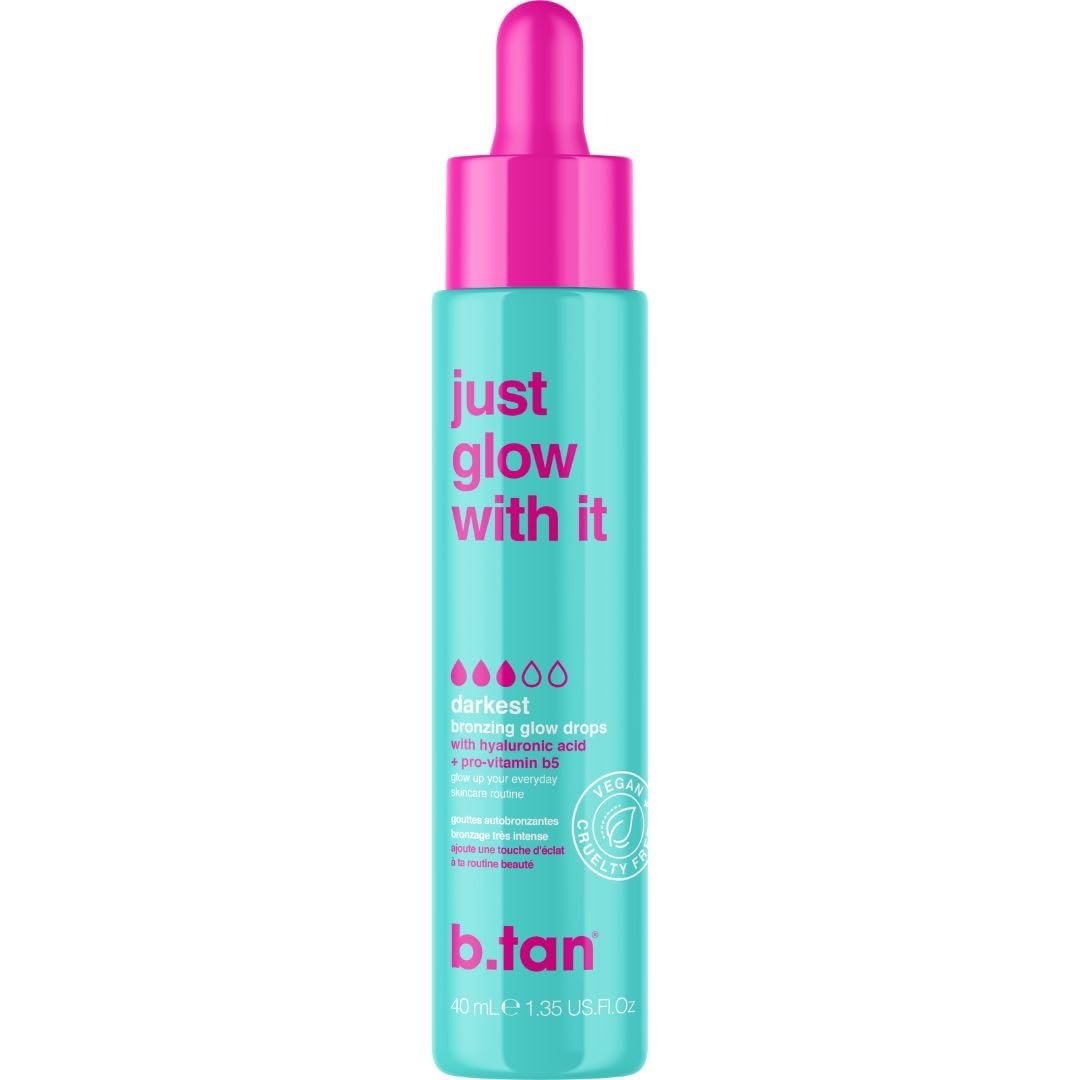 b.tan Dark Self Tanning Drops for Face & Body | Just Glow With It – Gradual Fake Tan Bronzing Serum Drop, Tanner Infused with Hydrating Skincare, Hyaluronic Acid, Men & Women, 1.3 Fl Oz