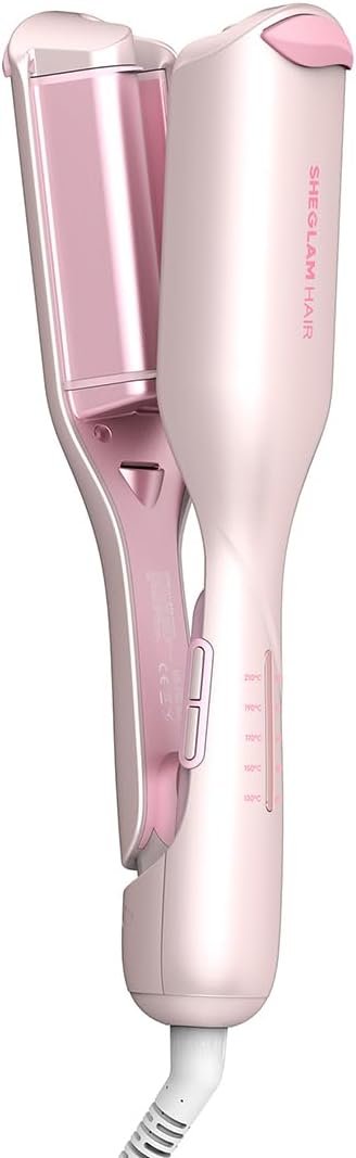 SHEGLAM Pink Beach Wave Hair Waver 0.75 inch – Lightweight Dual Voltage Crimper for Women, Smart Timer Double Barrel Tool with Adjustable Temps & Anti-Scald for Mermaid Waves on Short Hair