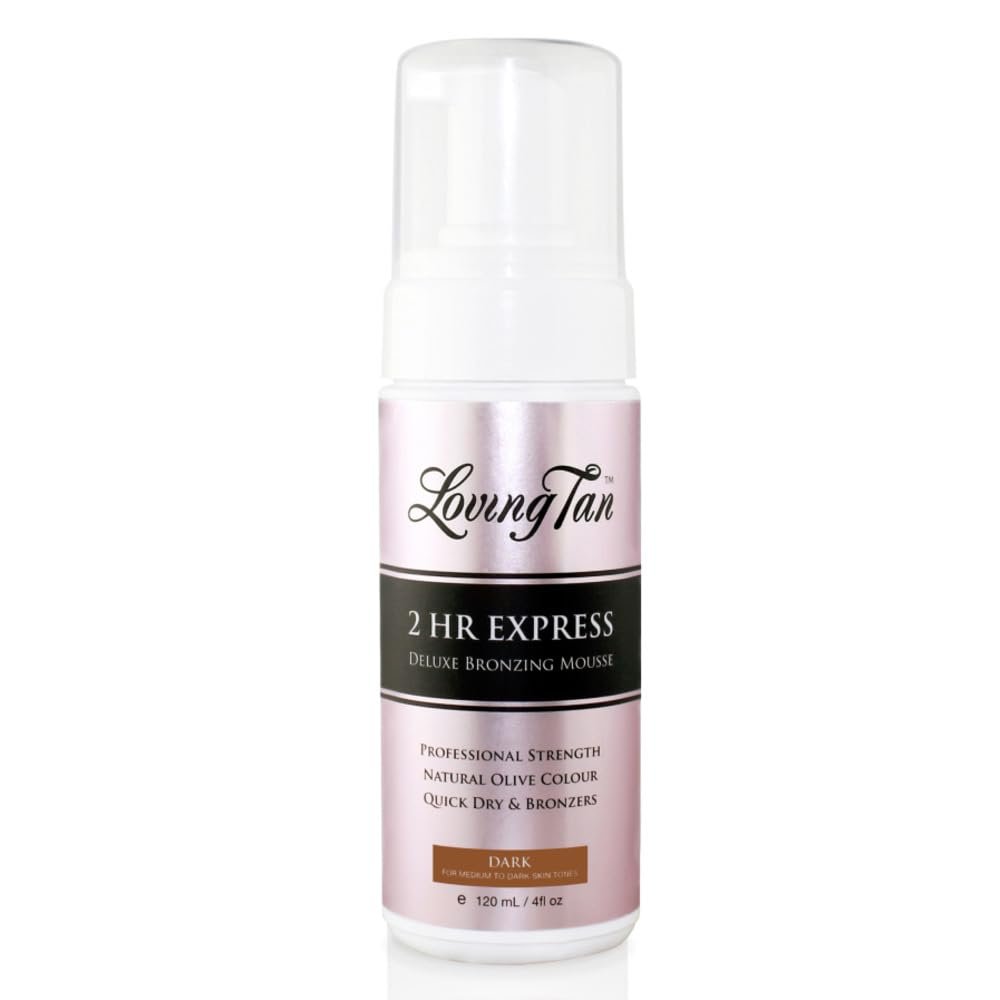 Loving Tan 2 HR Express Self Tanning Mousse, Dark – Streak Free, Natural, Professional Quality – 5+ Sunless Self Tanner Applications per Bottle, Cruelty Free, Naturally Derived DHA – 4 FL Oz