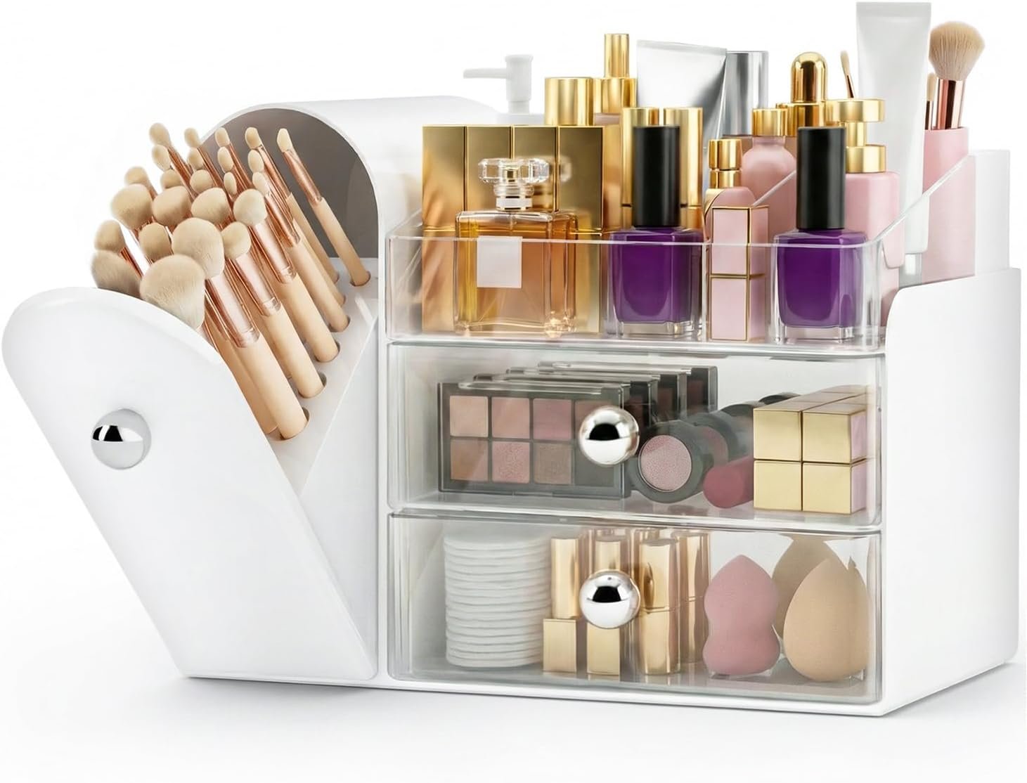 Makeup Organizer,Vanity Organizer with Makeup Brush Holder,Large Skincare Organizers with Drawers,Bathroom Countertop Organizer,Storage Lipstick,Perfume,Nail Polish,Beauty,Gifts for Woman