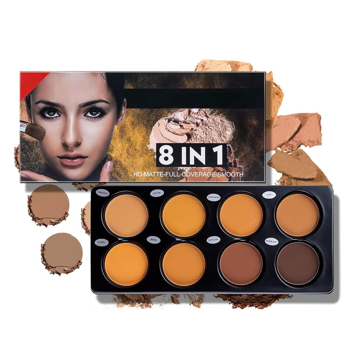Matte 8 Color Ttimming Makeup Palette, Powder Contour Palette, Cosmetics Contour and Highlighting Powder Foundation Palette, Contour & Bronzer, Light to Medium, Vegan & Cruelty-Free