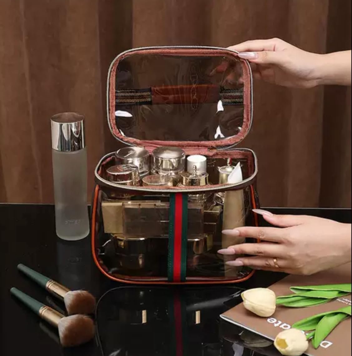 New Retro Vintage Vanity Bag, Clear Makeup Organizer with Handle,Large Capacity Waterproof Makeup Organizer bag with Zipper,Travel Cosmetic & Skincare Storage Case for Ladies (Coffee)