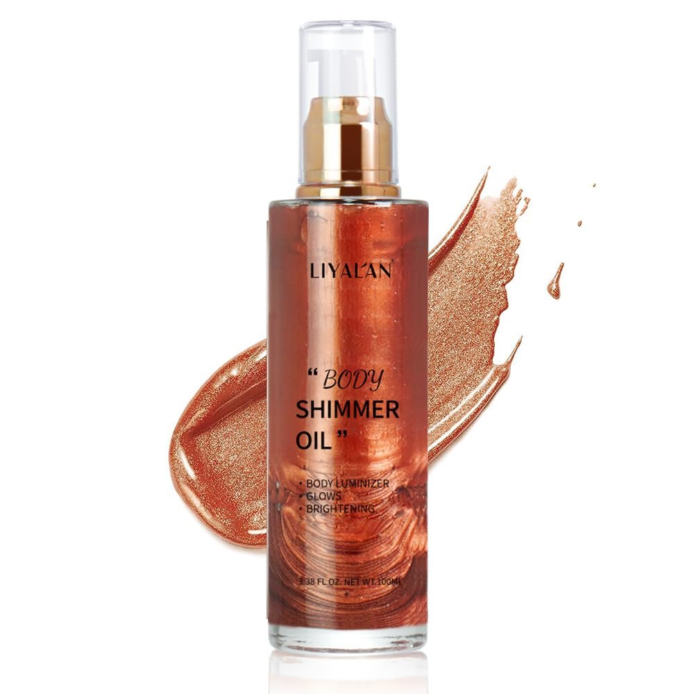 Liyalan Shimmer Body Oil Golden Brown 5 Color Bronze Face Glow Pearl Highlighter Illuminator Body Makeup Shine Glitter Gold Liquid Taning 3.38 Fl Oz