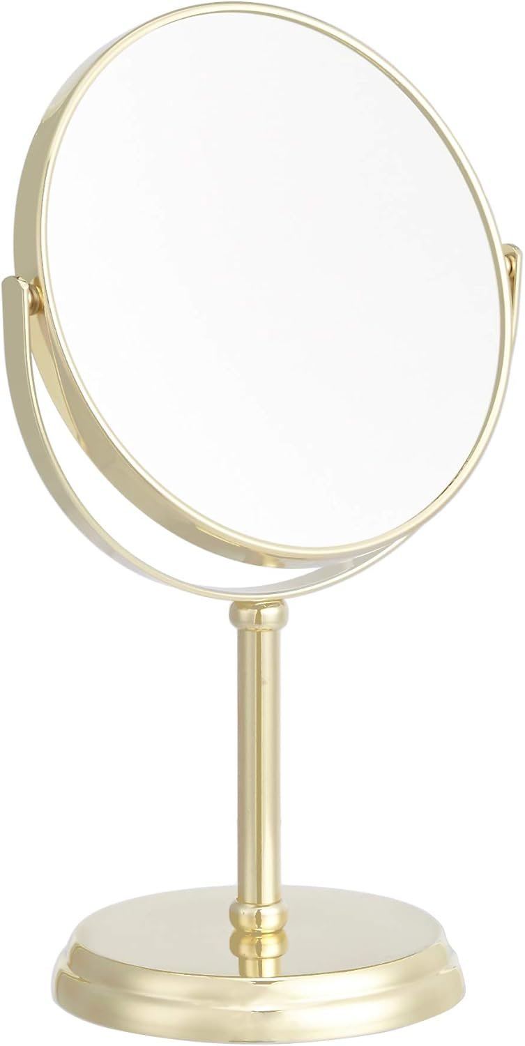 Amazon Basics Tabletop Magnifying Vanity Round Mirror with Clear Reflection, 1X/5X Magnification, Iron Frame, 7.2″ x 4.92″, Gold