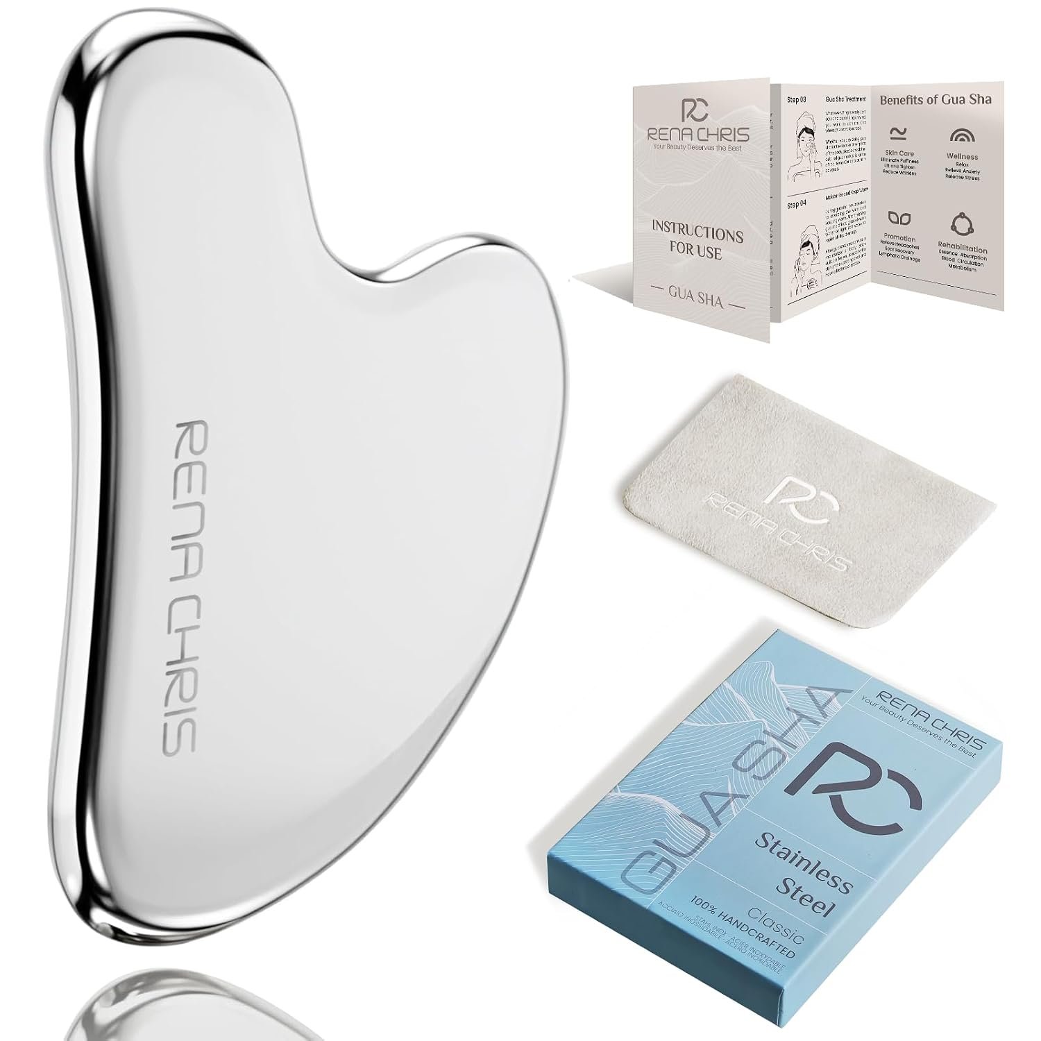Rena Chris Gua Sha Facial Tools, Stainless Steel Guasha Tool for Acupuncture, Manual Massage Tool for Jawline Sculpting and Puffiness Reducing, Gua Sha Facial Massage Tool, Skin-Care Gift (Silver)
