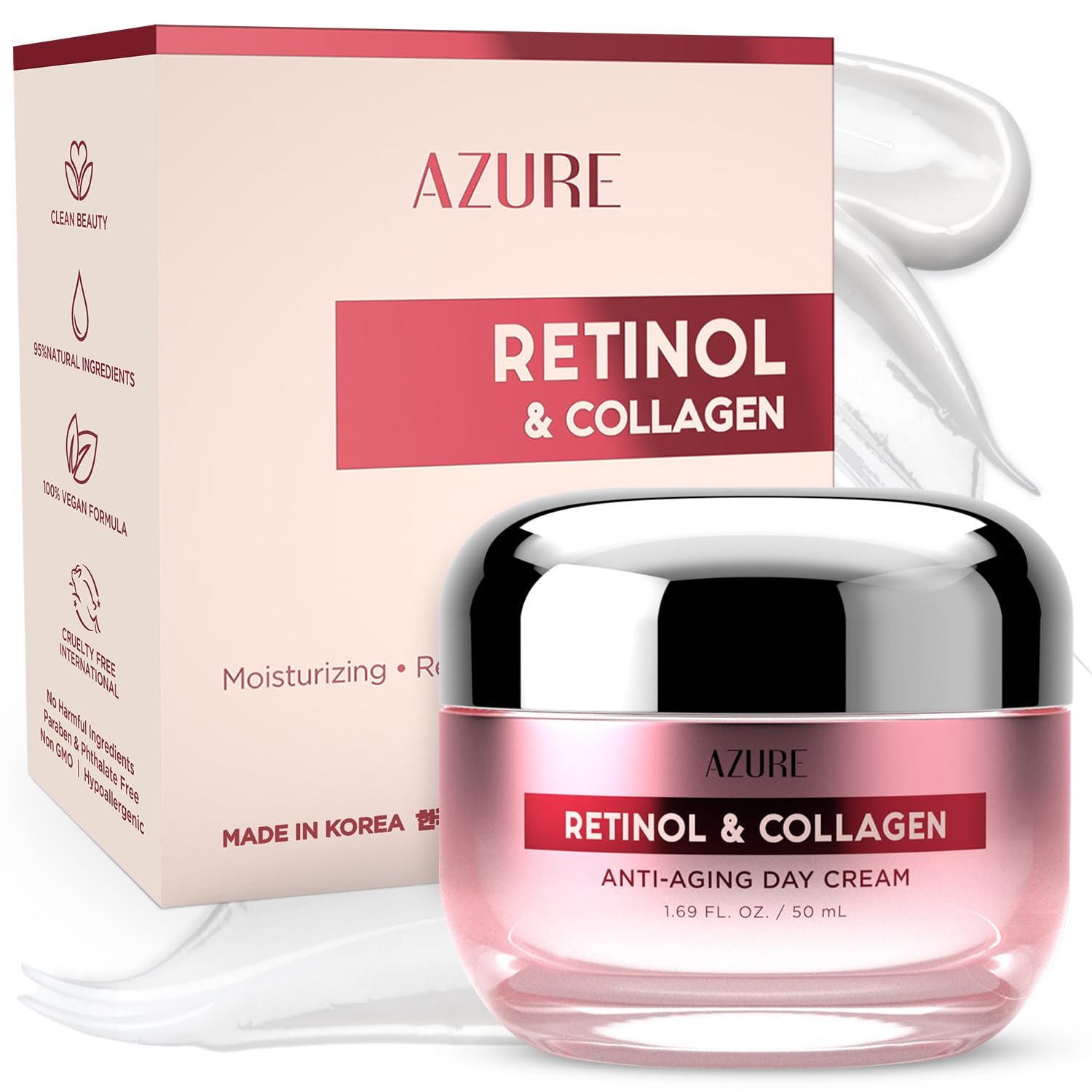 Azure Cosmetics Retinol & Collagen Moisturizer For Face – Dermatologist Tested, Anti-Aging – Skin Tightening, Fine Lines and Wrinkles Treatment Face Cream – Korean Skin Care – All Skin Type 1.69 fl oz