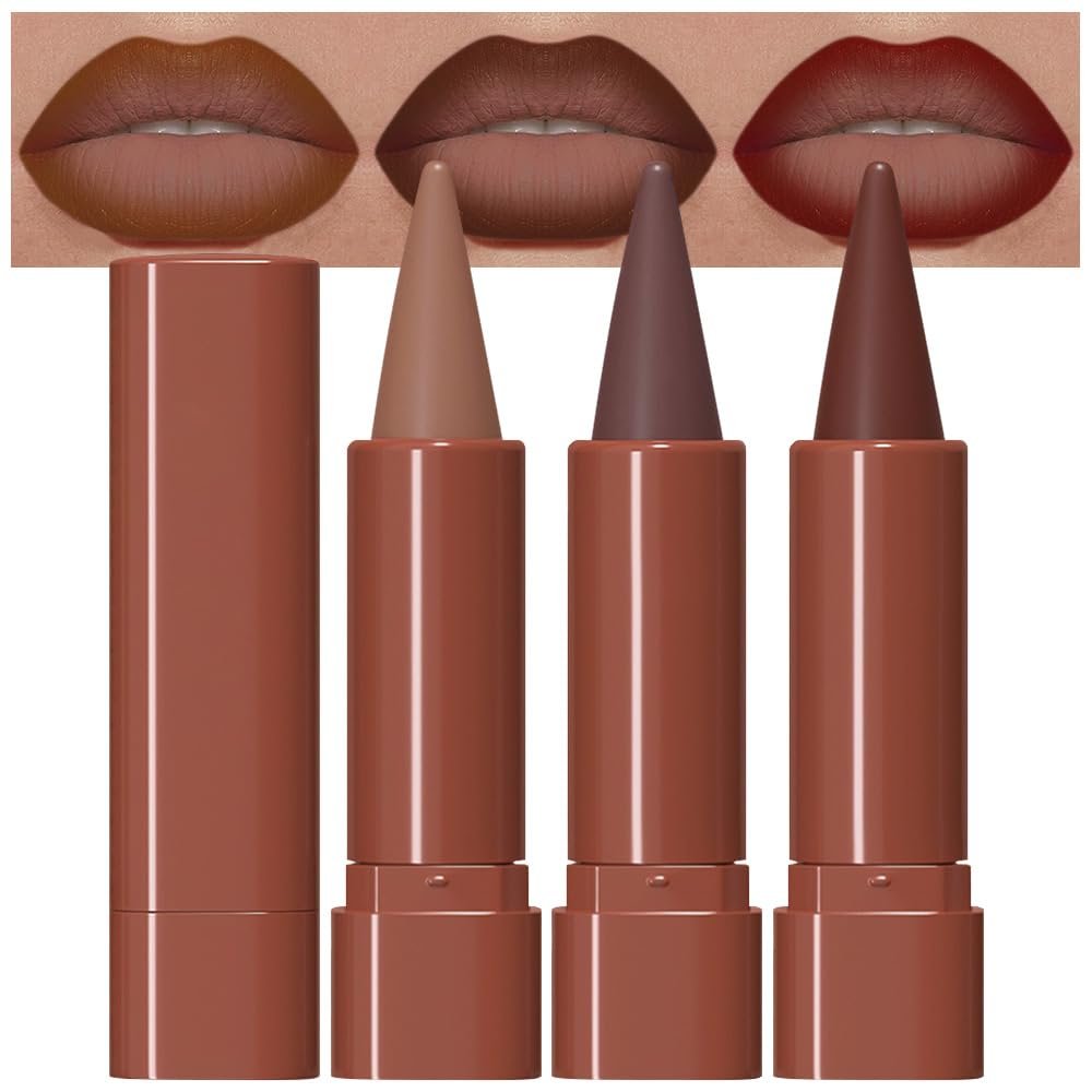 evpct 3Pcs Warm Brown Maroon Dark Wine Red Gradient Matte Lipstick Lip Liner Crayon Combo Pencil Set for Women Long Lasting, Cream Lip Liner and Lipstick Combo Makeup，Flawless Gradual Ombre Effect