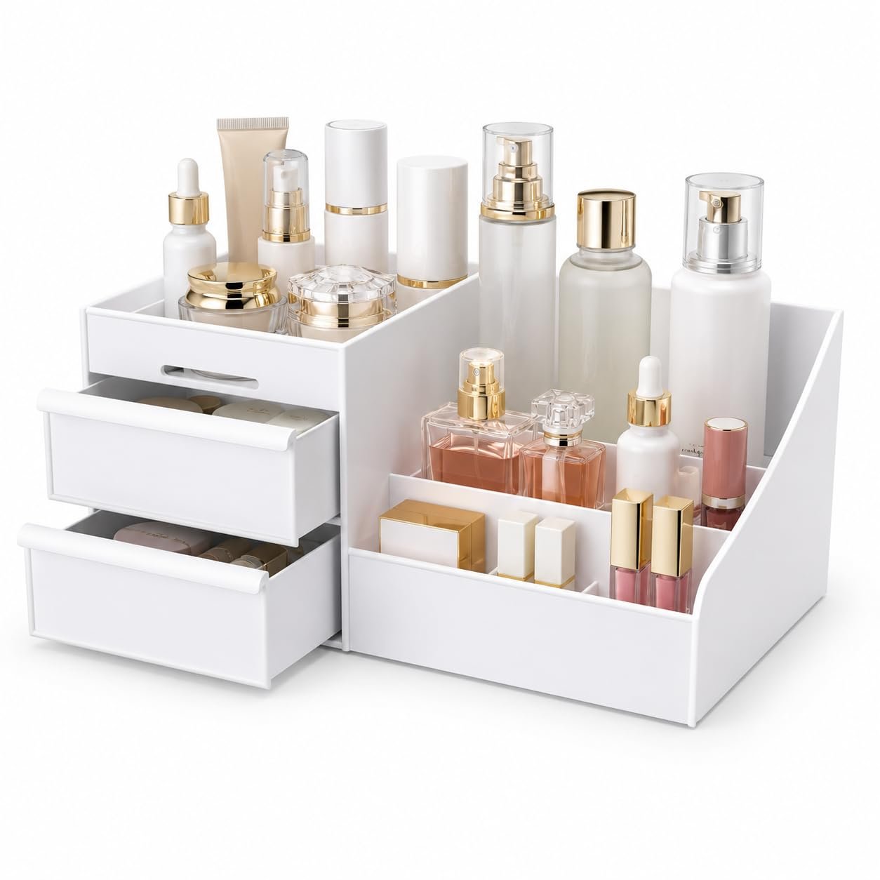 Makeup Organizer with 2 Drawers, 7-Compartment Bathroom Counter Organizer for Cosmetics, Skincare, Perfume and Lipstick, White Vanity Storage for Small Spaces