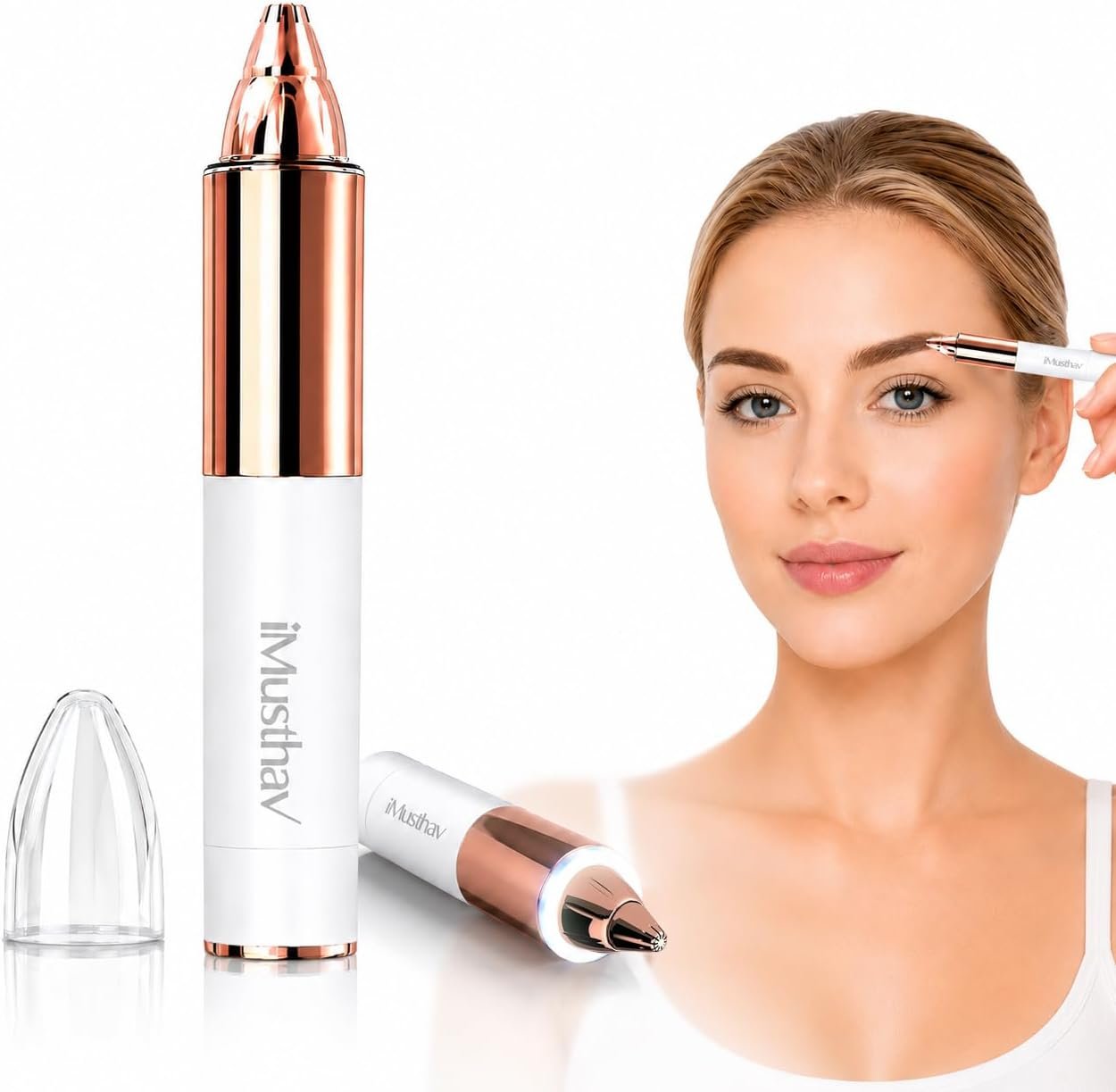 Eyebrow Trimmer for Women, Precise & Painless Eyebrow Razor with LED Light, Electric Facial Hair Remover for Flawless Brows, Lip & Face, Battery Operated, Travel-Friendly, Gold-Plated Design