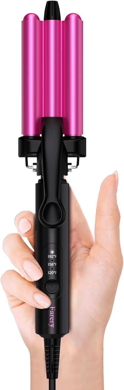 Farery Mini 3 Barrel Hair Waver – Portable Beach Wave Curling Iron for Short Hair, 1/2 Inch Ceramic Crimper with 3 Temp Settings & 30s Fast Heating, Dual Voltage Travel Hair Waver for Women, Pouch Bag