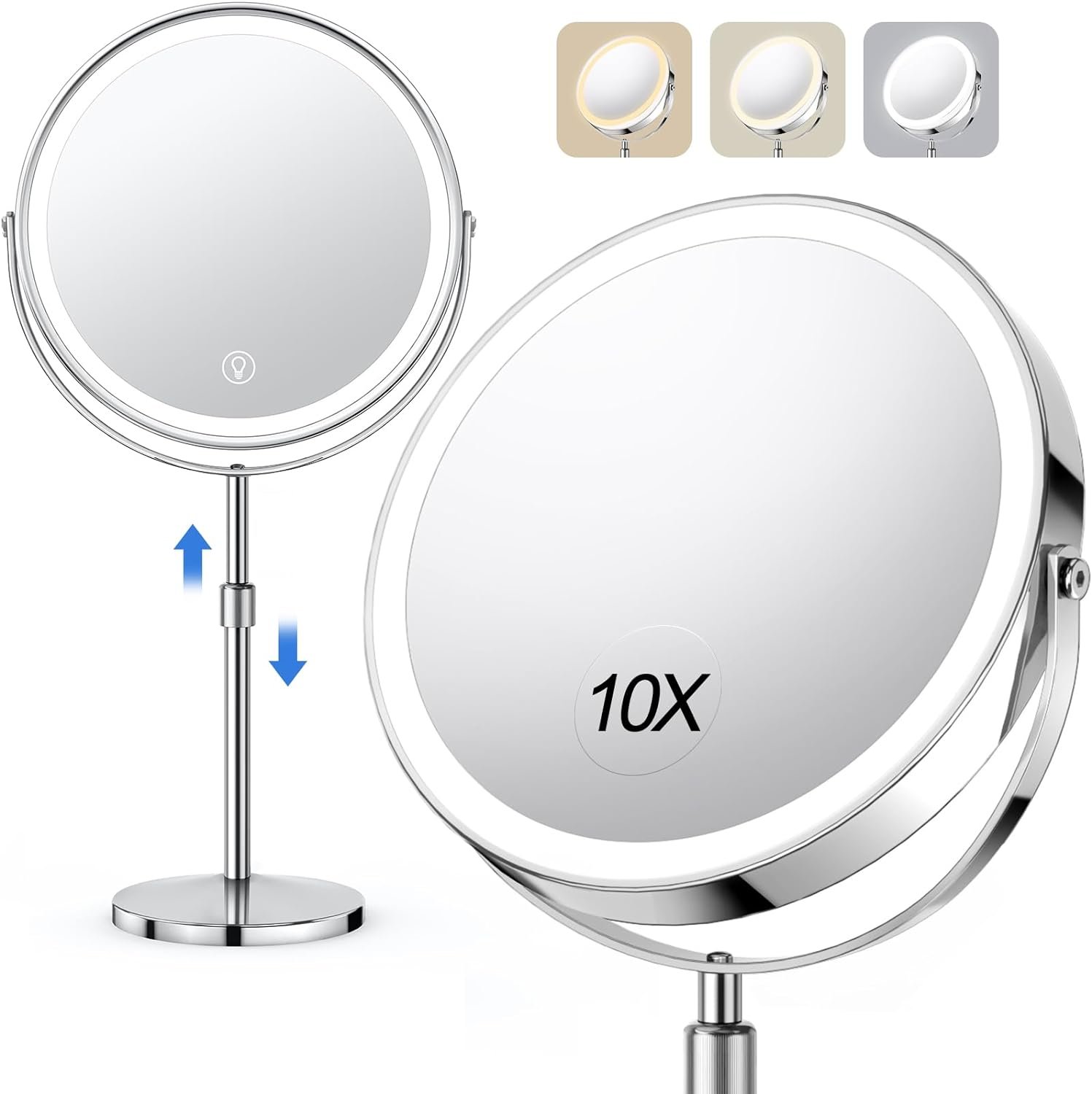 UBYMET Lighted Makeup Mirror, Rechargeable Height Adjustable Double Sided, 1x/10x Magnifying with 3 Color, Brightness Adjustable, 360° Rotation Vanity, Gift for Women