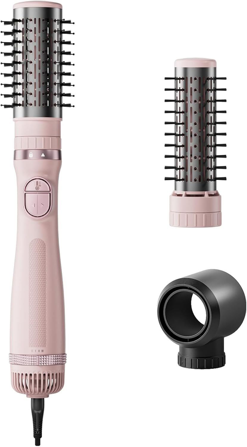 Rotating Hair Dryer Brush, Blow Dryer Brush with 3 Heads for Drying Styling Volumizing Curling Sleeking in One Step, 3 Temperatures, Negative Ionen, Ceramic Coating, 360° Rotating, Pink
