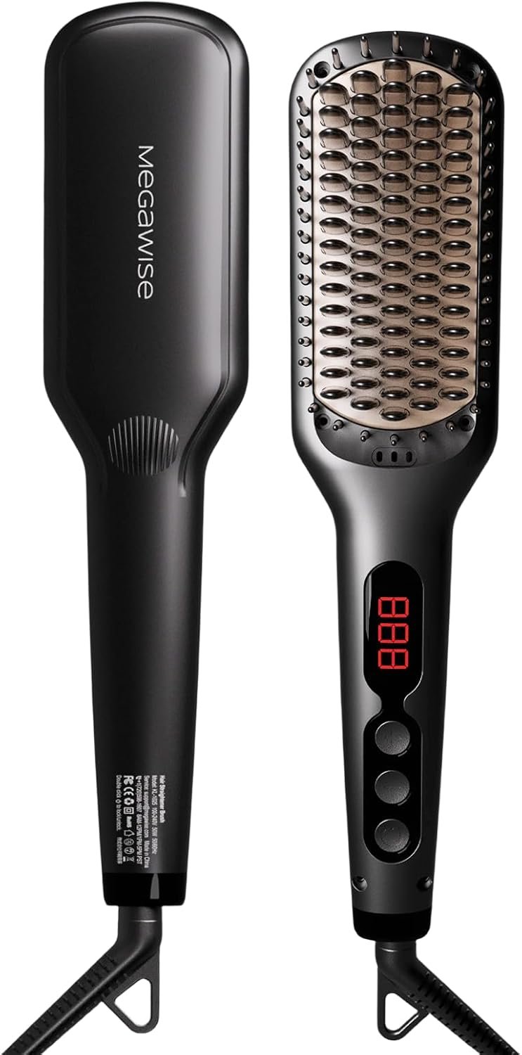 MEGAWISE Pro Ceramic Ionic Hair Straightener Brush for Home Salon | MCH Fast 20s Heating Tech with Auto-Off Safety | Anti-Scald with Universal Dual Voltage | Rotatable Power Cord (Black)