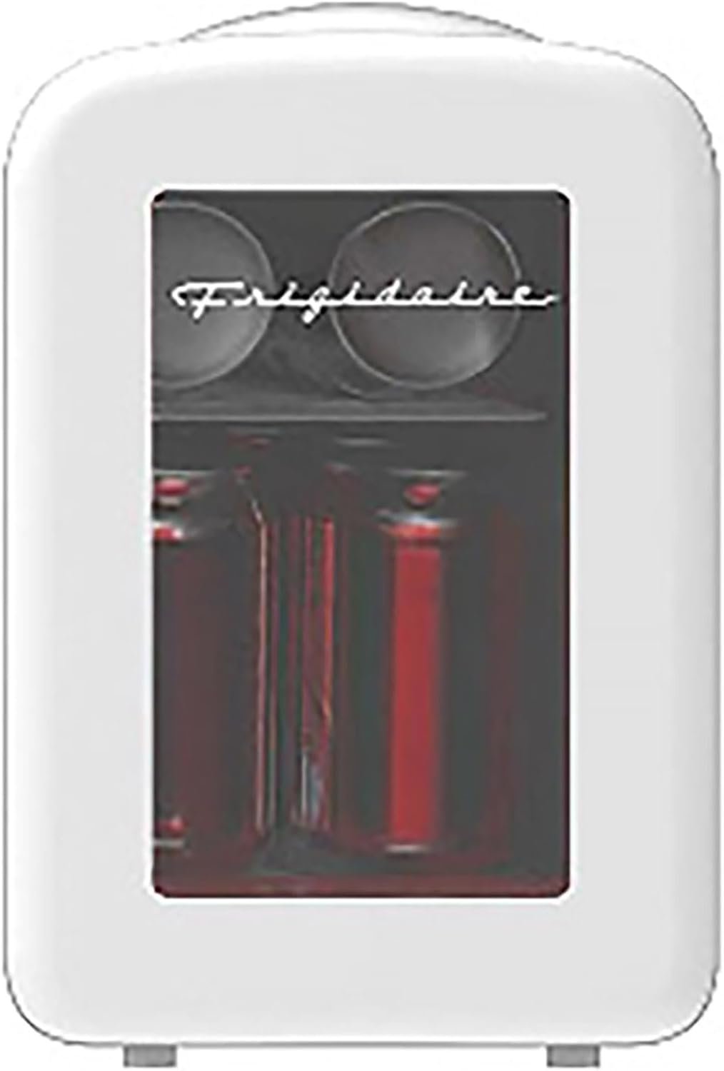 Frigidaire White Mini Personal Fridge Cooler, Transparent Door, 1 Gal Capacity fits Six Cans, Includes Plugs for Home Outlet & DC Charger – 9.84″ D x 7.09″ W x 10.35″ H