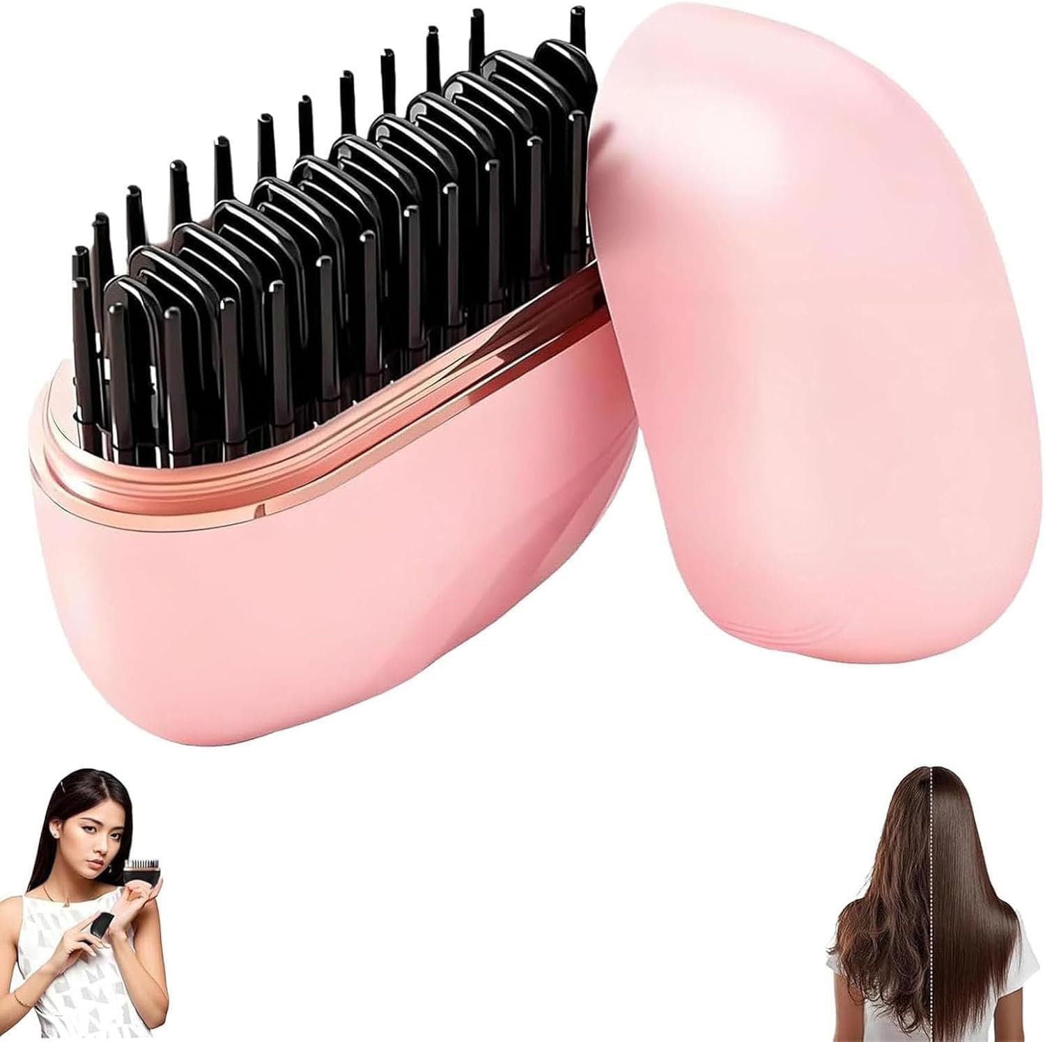 Mini Hair Straightener Brush, Wireless Rechargeable, 3-Speed Temperature Control, Portable for Home and Travel, Black (Pink)