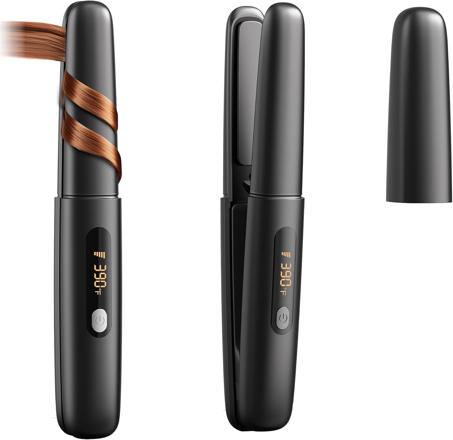 Cordless Hair Straightener Curler 2 in 1 Ceramic Flat Iron Mini Portable Fast Heating 30s 4500mAh Battery 4 Temp Adjustments LCD Display USB Rechargeable for Women Men with Pouch(Black)