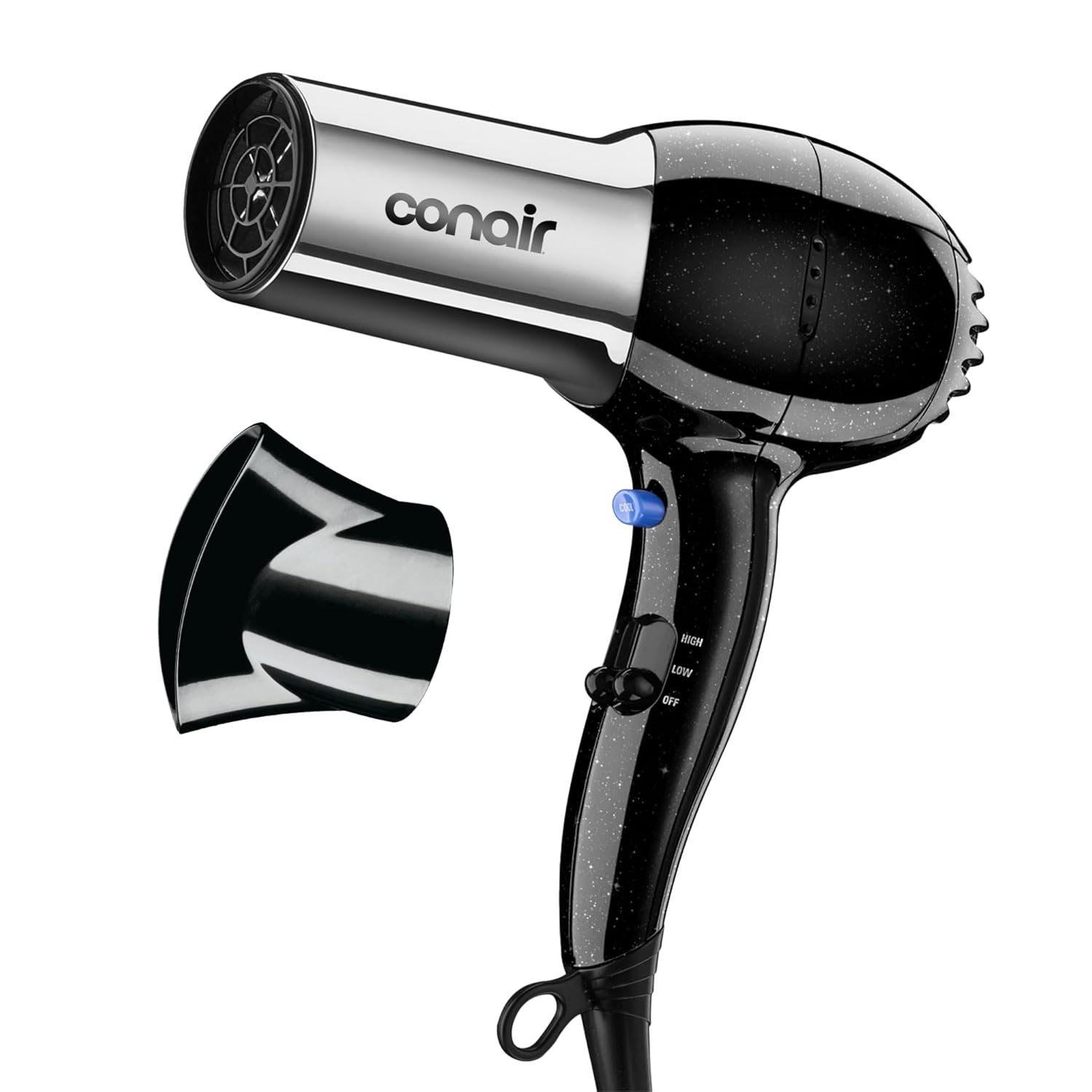 Conair Full Size Ionic Hair Dryer | 1875W fast drying ionic hair dryer with concentrator for frizz-free, shiny hair, Black/Chrome, Model 256NRL