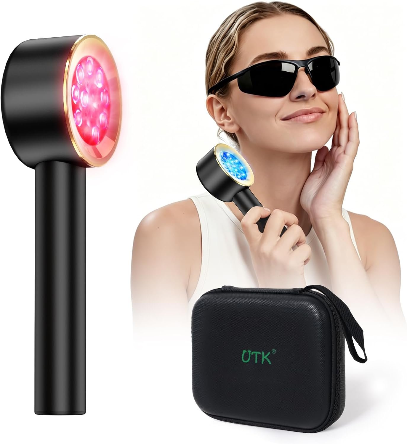 UTK Handheld Blue & Red Light Therapy Device with 4 Wavelengths (470/660/850/940nm), Near Infrared Red Light Deeply Pain-Relief, Red Light Therapy for Body & Face, Portable Gift for Women
