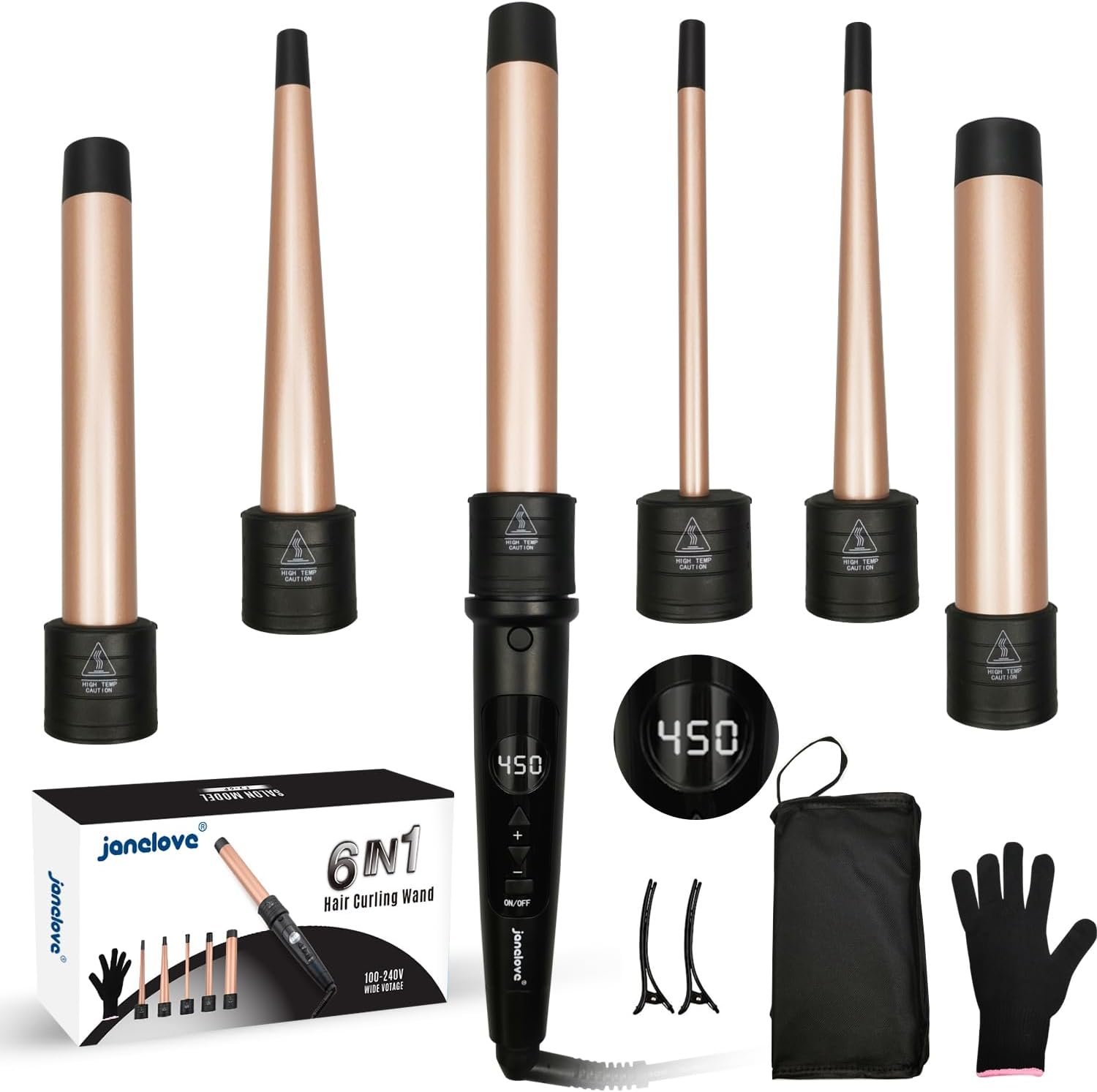 6 in 1 Hair Wand Curling Iron – Janelove 180-450℉ Long-Lasting Ceramic Hair Curlers, 0.35 to 1.25 inch Curling Wand Set for All Women, 100-220V Hair Waver with LCD- Gold