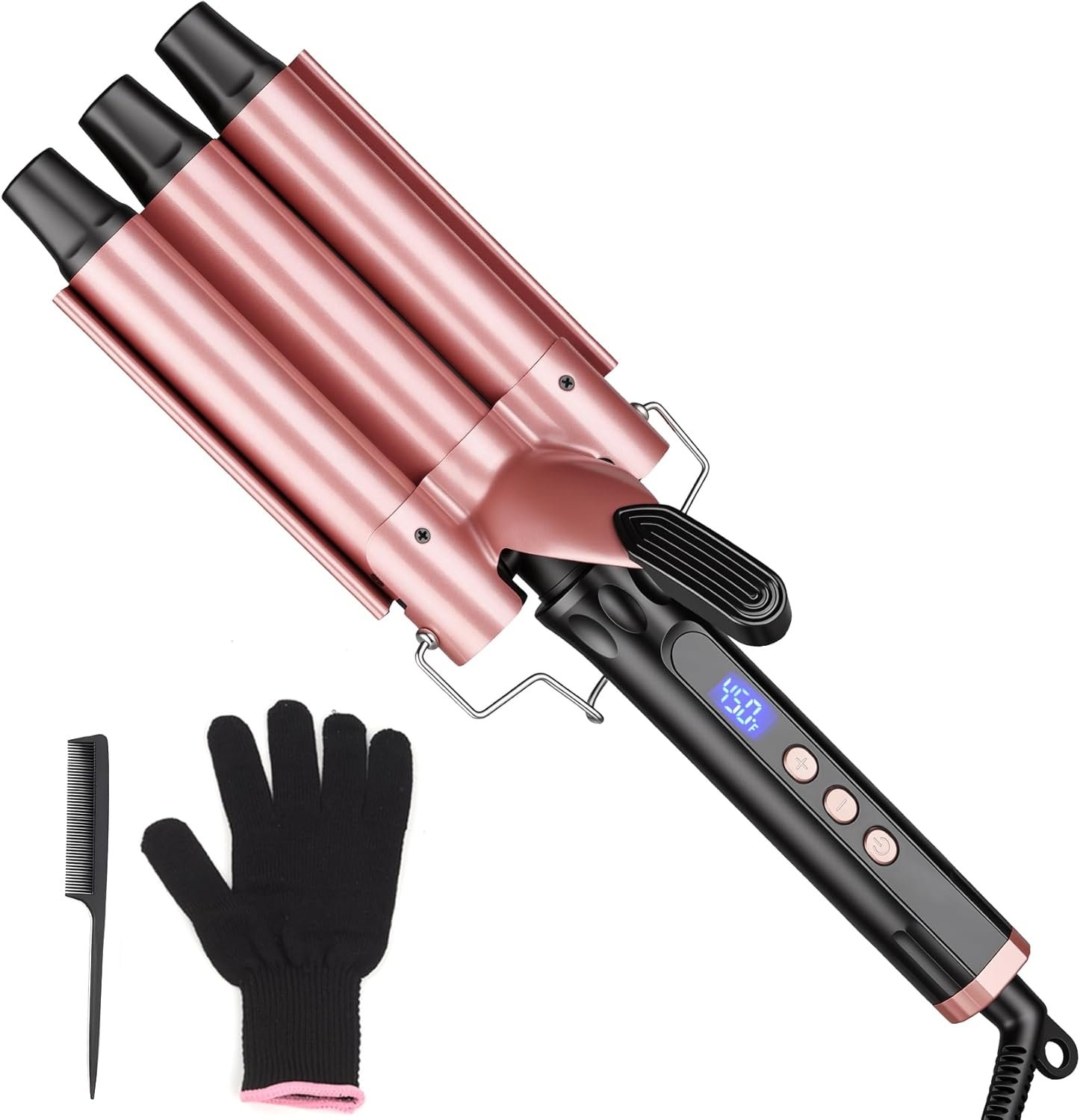 3 Barrel Curling Iron, 1 Inch Hair Crimper Tool for Women Beach Waves, Hair Waver with LCD Display, Ceramic Tourmaline Triple Barrels Curler, Glove Included for Easy Styling