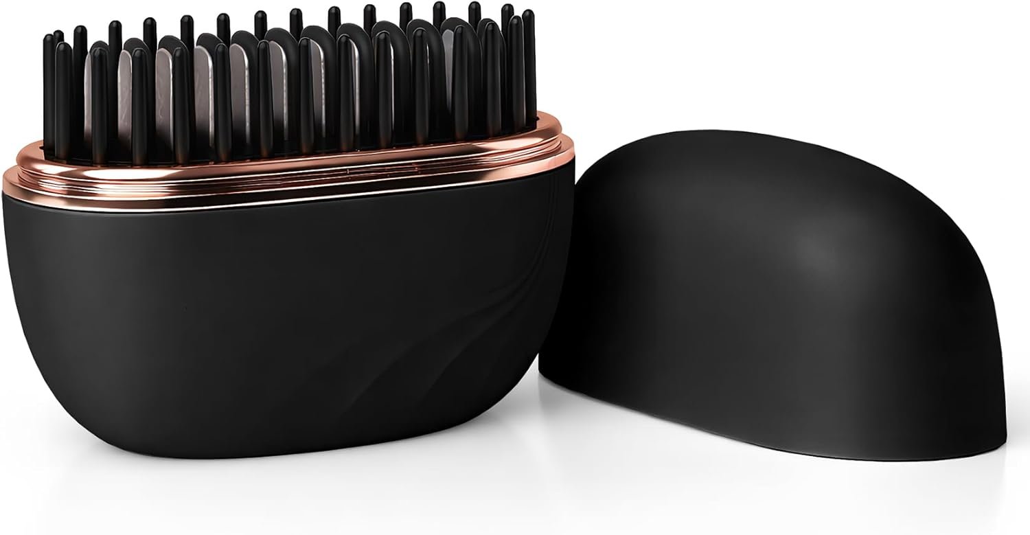 Mini Hair Straightener, Portable Cordless Glam Brush, 3-Speed Temperature Control, Rechargeable Travel Hot Comb for Women (Black)
