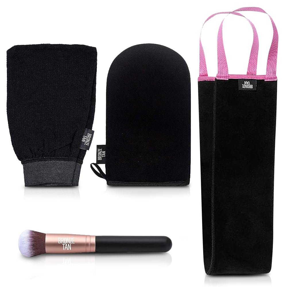 Bronze Tan Self Tanner Accessory Kit – Includes Self Tanning Mitt, Tan Remover Exfoliating Mitt, Easy-Reach Back Applicator, Tanning Brush Applicator for Face & Hands – Sunless Tanning Application
