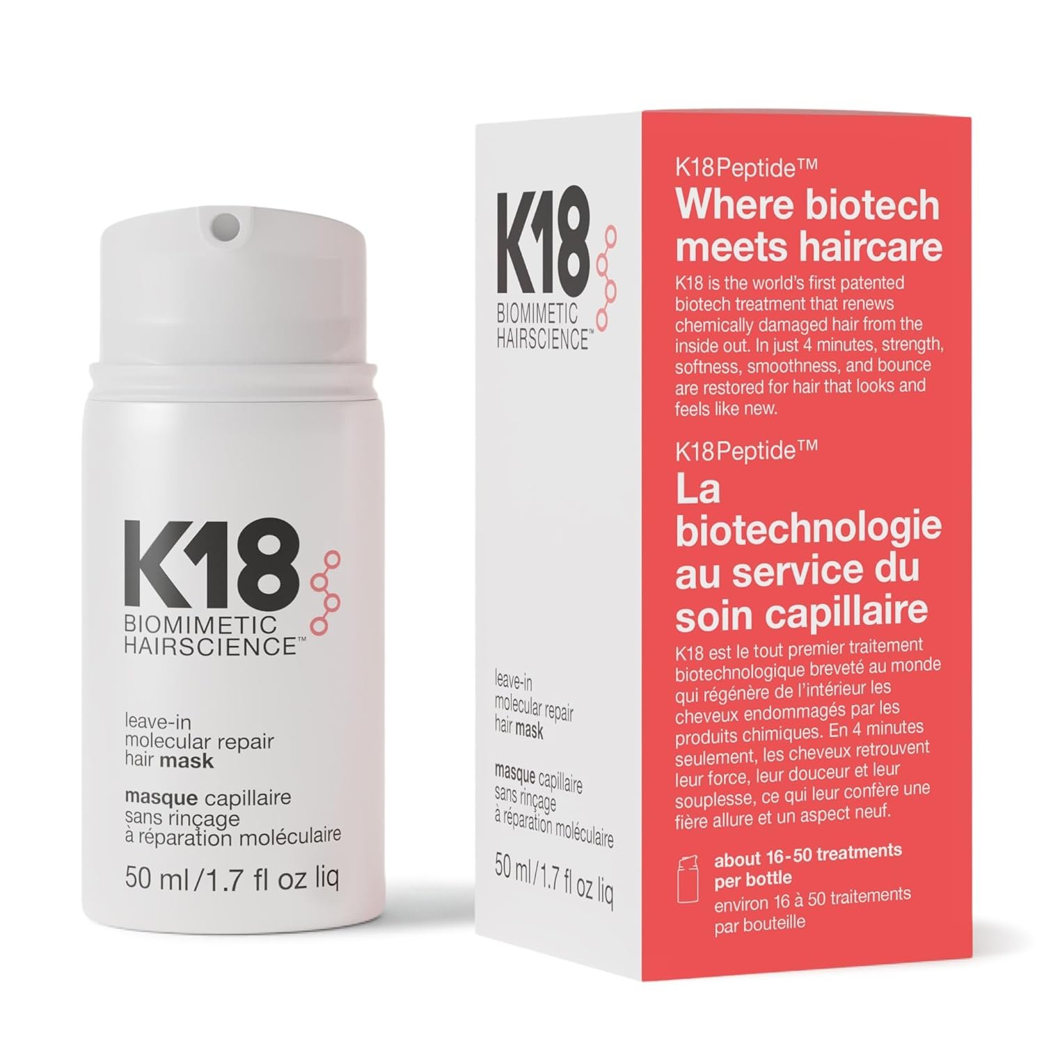 K18 Leave-In Molecular Repair Hair Mask – Peptide Hair Treatment Mask for Bleach, Color, Chemical + Heat Damaged Strands – Immediate + Lasting Damage Reversal in 4 Minutes (1.7 Fl oz)