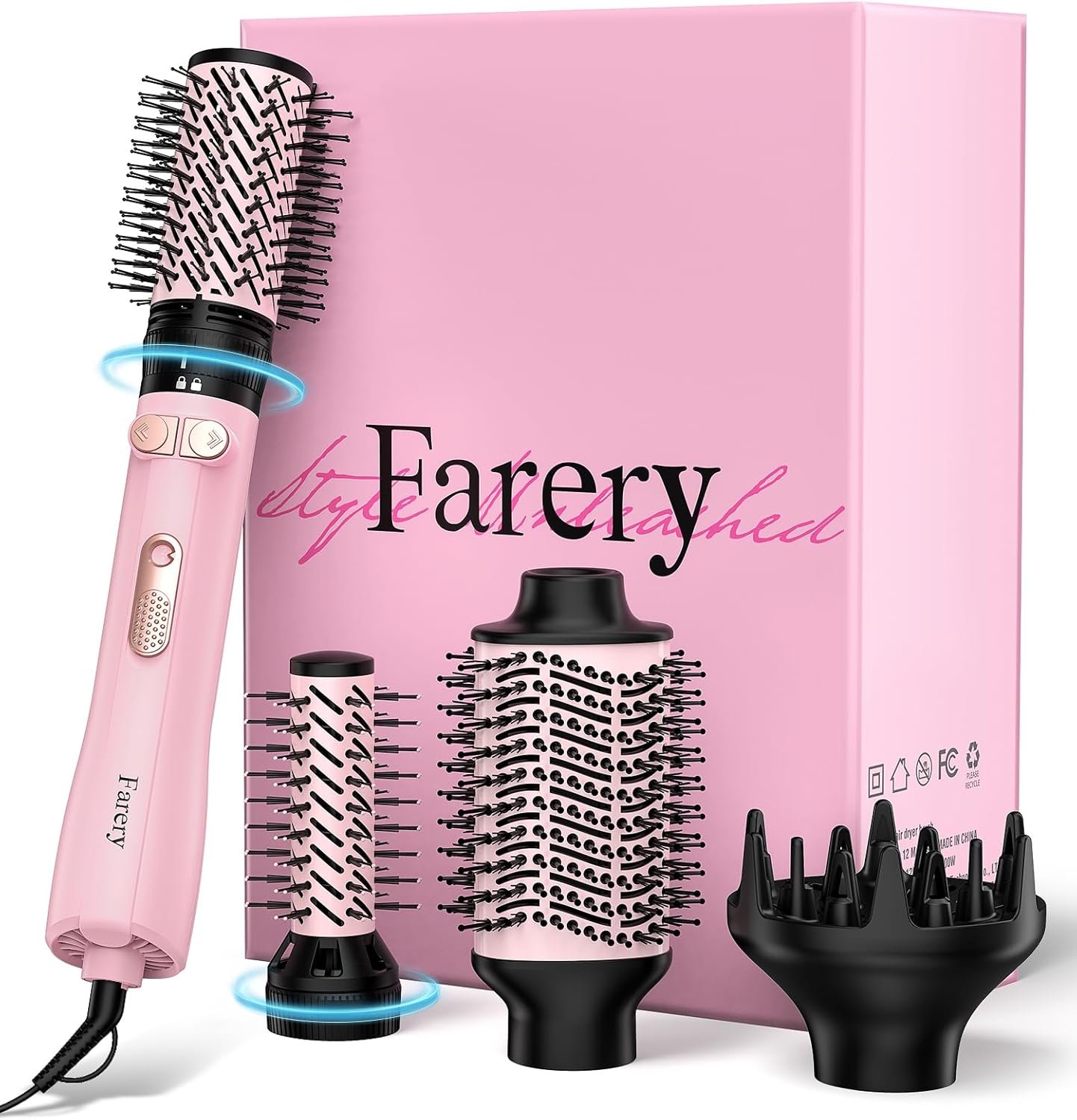 Farery 4-in-1 Rotating Blow Dryer Brush Set | Oval Volumizing Barrel, 1.5″ & 2″ Rotating Brushes, Diffuser Included, Finisher & Volumizing, All-in-One Hot Air Brush
