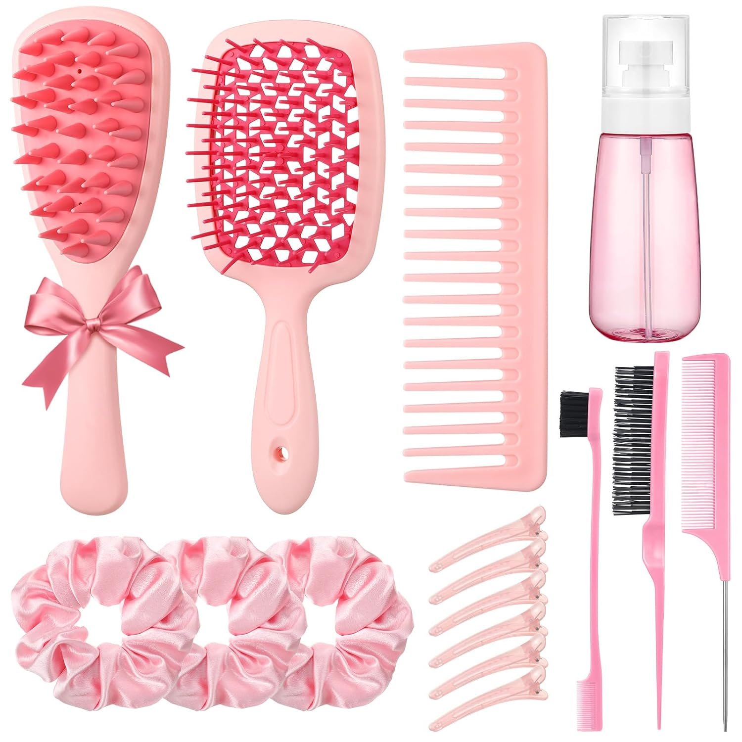 auroray 16 Pcs Pink Hair Brush Set for Women Girls – Scalp Scrubber with Handle, Detangle Hair Brush, Spray Bottle, Edge Bristles Wide Tooth Brushes Rat Tail Comb for Travel Home Use Hair Stuff