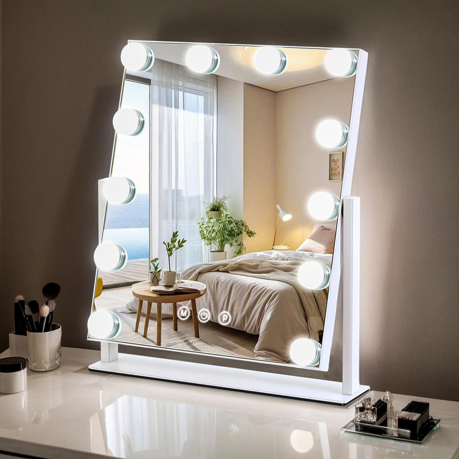 Vanity Mirror with Lights, 13” x 11” Lighted Makeup Mirror for Desk, Hollywood Mirror with 12 Dimmable Bulbs, 3 Color Modes, Smart Touch Control, 360°Rotation, Gifts for Girls, Women, Wife