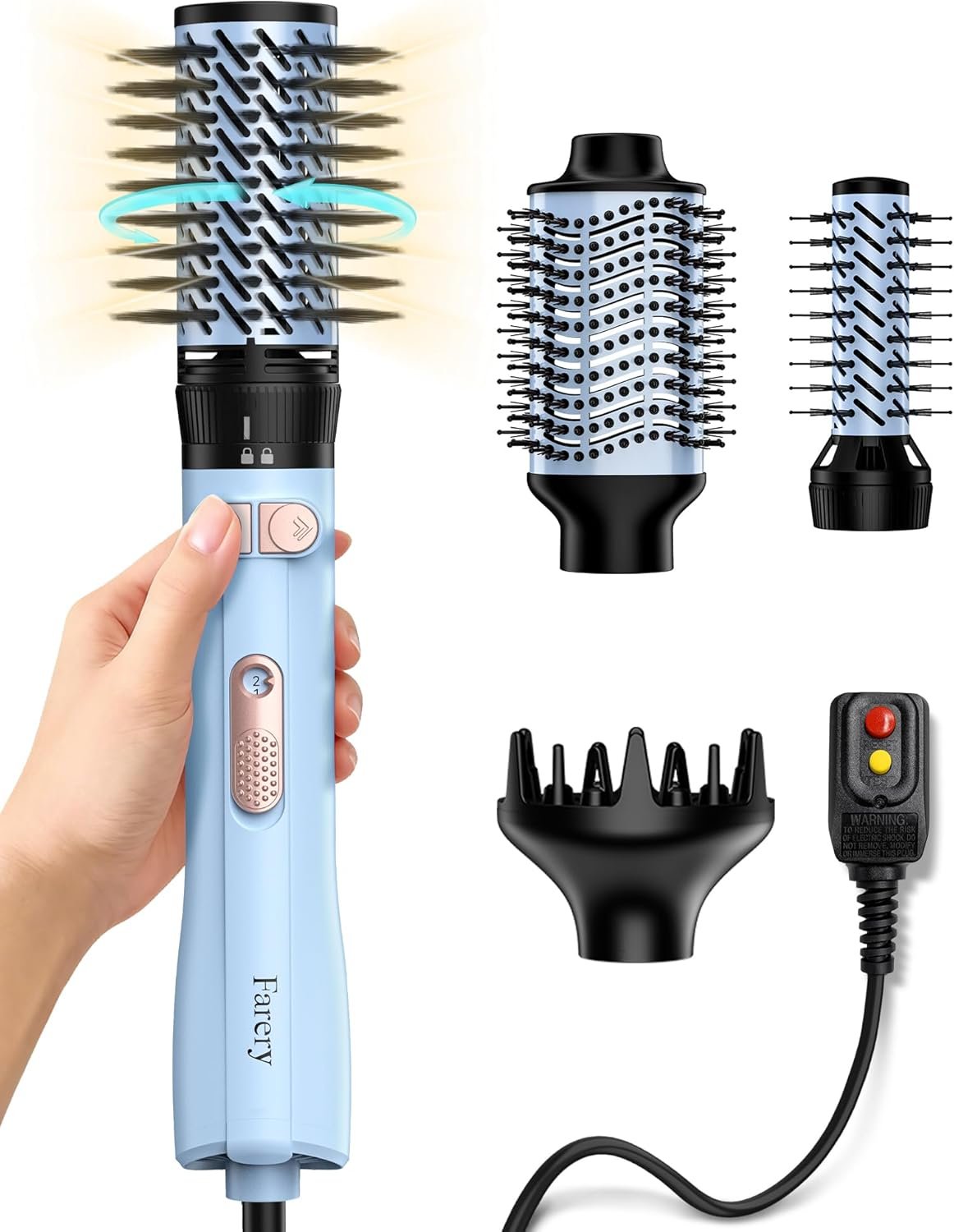 Farery Rotating Hot Air Brush Set 1000W — 4 in 1 Blow Dryer Brush Styler with Diffuser, Hold-to-Rotate Round Brush for Volume, Smooth & Curl, Best for Fine to Medium-Thick Hair, Blue