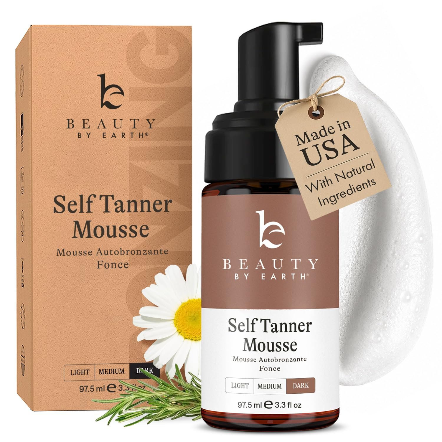 Self Tanner Mousse – USA Made with Natural & Organic Ingredients, Self Tanning Mousse Foam for Ultra Dark Fake Tan, Non Toxic Sunless Tanner for Darkest Streak Free Finish & Natural Looking Tan