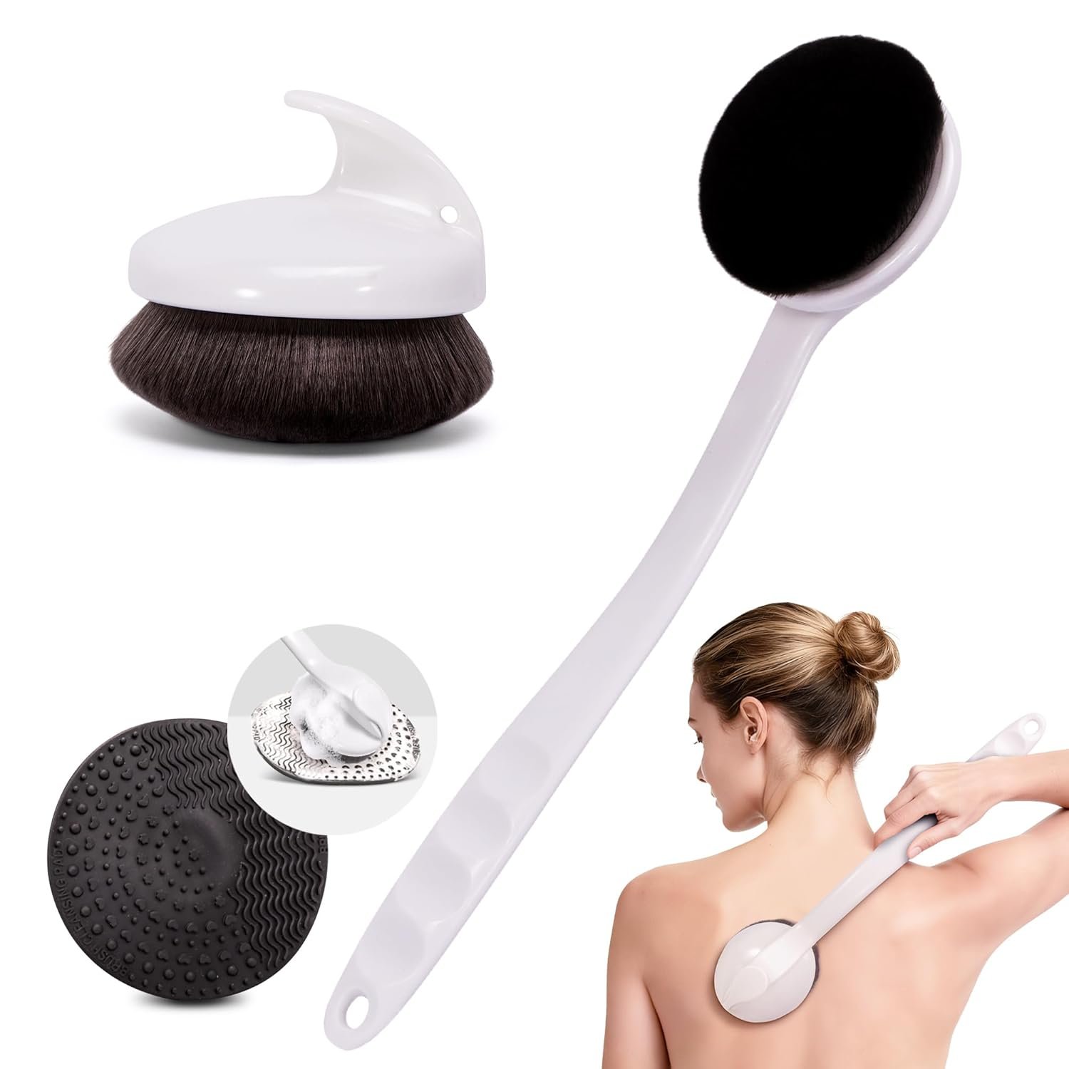 Blend & Blur Extra Large Body Makeup Brush- Self Tanner Brush with Long Handle for Face/Back/Leg Makeup & Bronzer, Kabuki Brush for Lotion, Makeup and Sunscreen, Tanner and Cream with Cleaning Mat