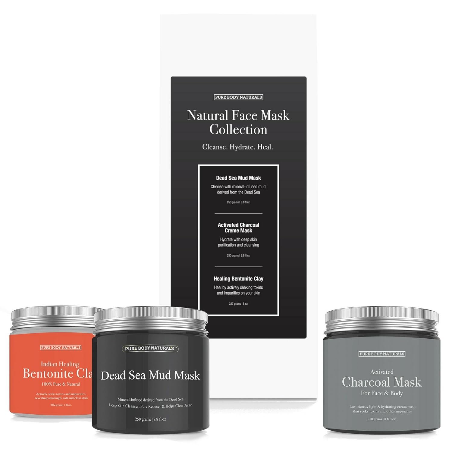 Pure Body Naturals Face Mask Gift Set – includes Natural Mud Mask, Clay Mask and Charcoal Face Mask – Facial Self Care Gift for Women, Mother, Wife (3 Jars, 8.8 oz. Each)