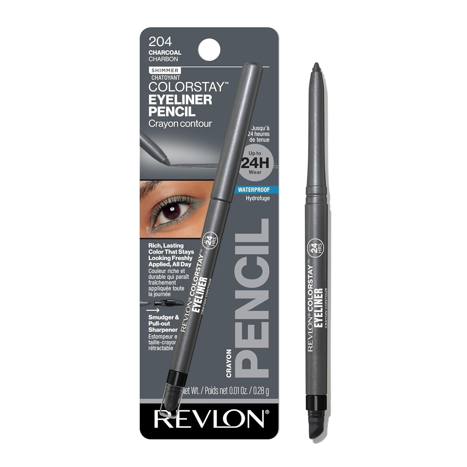 REVLON ColorStay Pencil Waterproof Eyeliner, Smudge-Proof, Eye Makeup with Built-In Sharpener, Long-Lasting, Shimmer Finish, 204 Charcoal, 0.01 oz