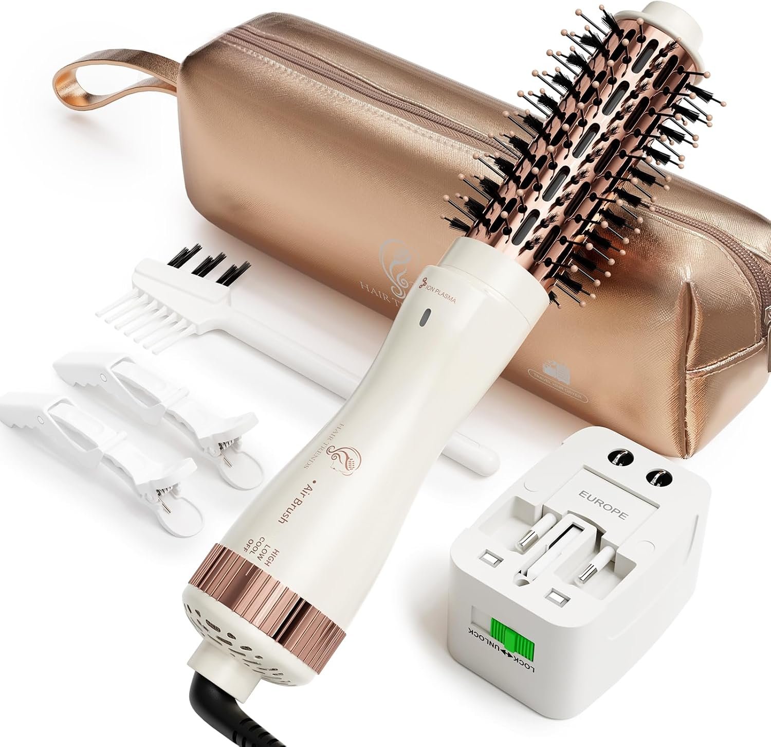 1.5 Inch Barrel (2.8” Plus Bristles) Dual Voltage(110~250V) Round Brush Blow Dryer for Should Length Hair, Hair Dryer Brush with European Plug Adapter, 4-in-1 Negative Ionic One Step Volumizer Dryer
