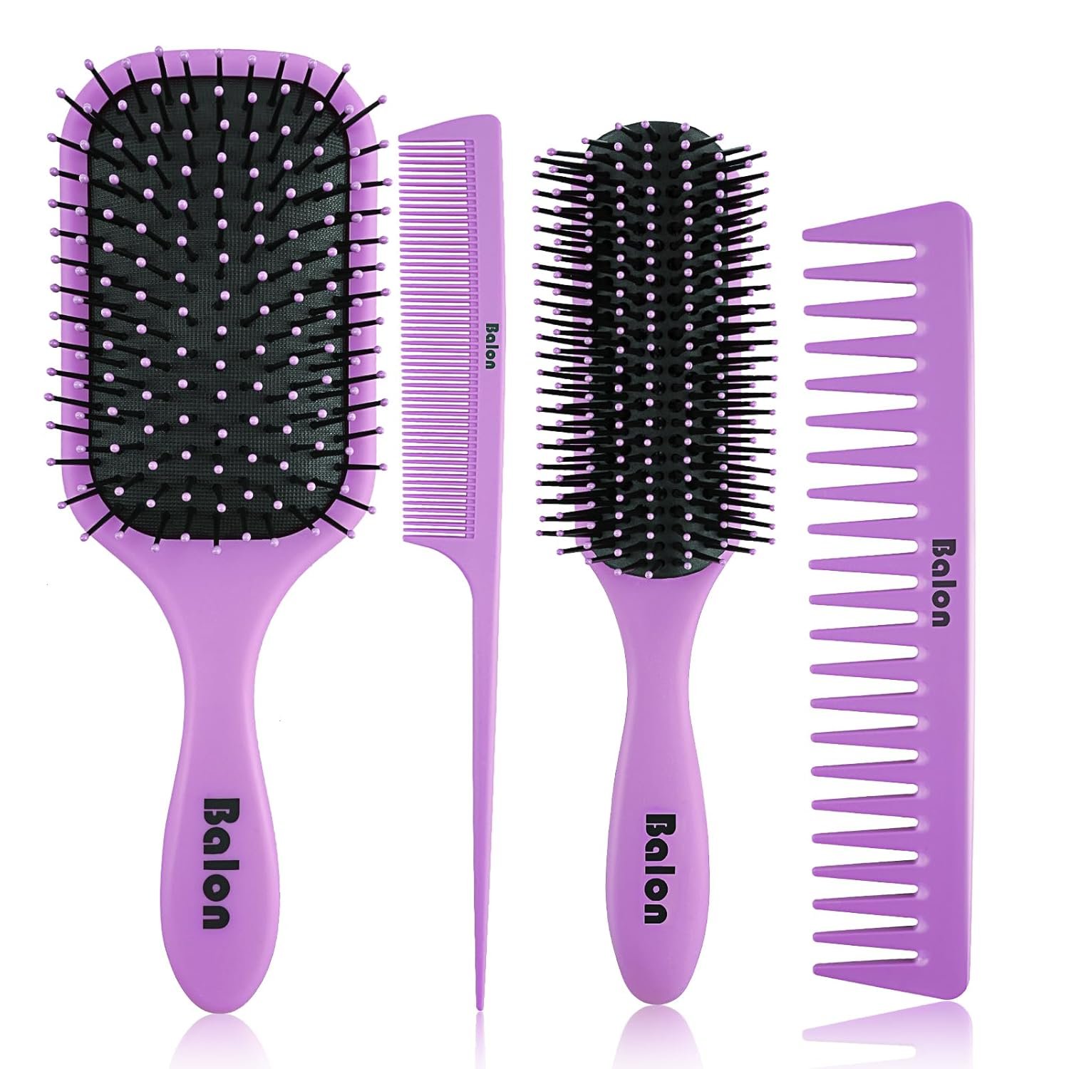 4Pcs Detangling Hair Brush Set for Women – Paddle Brush for Wet or Dry, No More Tangles for Straight, Long, Thick, Curly, and Natural Hair (Purple)