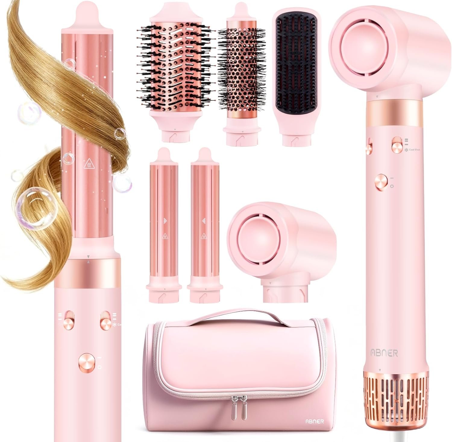 ABNER 6 in 1 Professional Hot Air Styler Auto Curler – Powerful Hair Dryer Brush & Straightener Set, Fast Drying Curling Volumizing Straightening, Styling Without Heat Damage, for All Hair Lengths