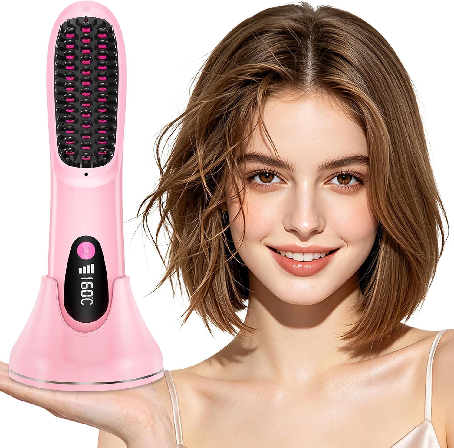 Cordless Hair Straightener Brush for Short Hair, Portable Travel Hair Straightening Comb with Charging Dock, Fast Heating Mini Straightener Brush for Women Long Hair Curling Brush LCD Temp Display