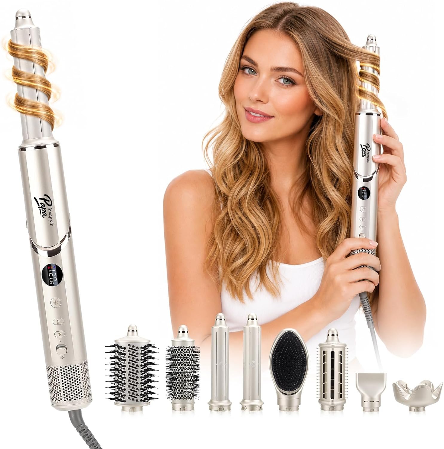 8 in 1 Hair Dryer Brush Multi Hot Air Styler with Auto Wrap Curler, 1.25 Inch Curling Iron, Fast Drying Foldable 110,000 RPM Blow Dryer Brush for Women Volumizing, Curling, Straighten, Frizz-Free