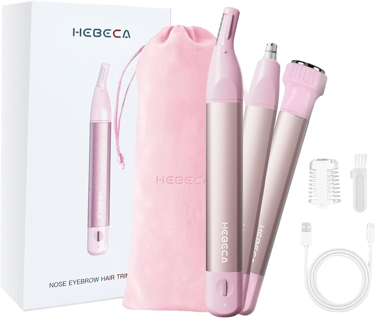 HEBECA Nose Hair Trimmer for Women 3in1 Facial Hair Removal Trimmer – Metal Body, Rechargeable, Waterproof, Portable – Nose, Ear, Eyebrow, Peach-Fuzz, Lips, Chin (Pink)