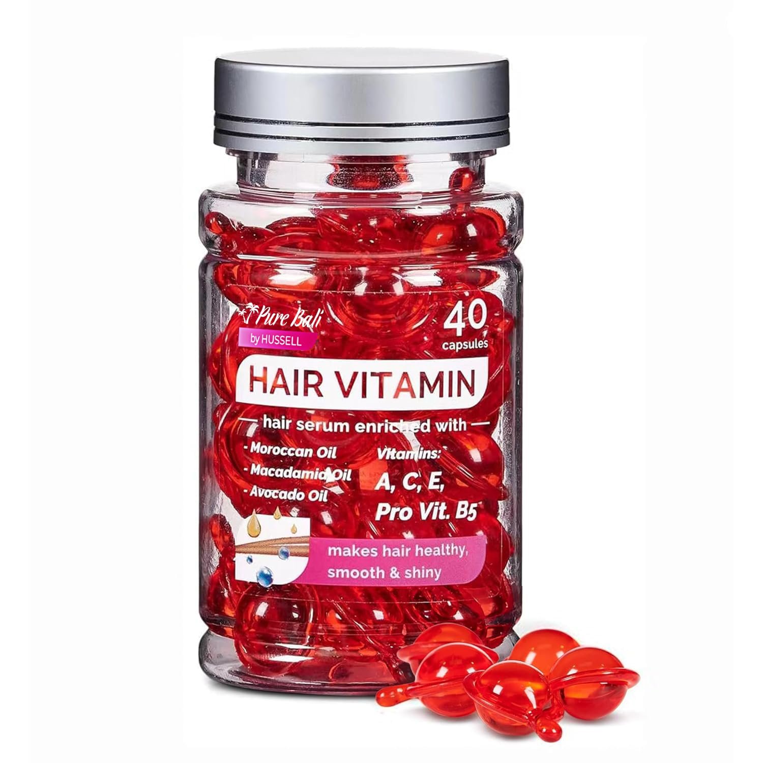 Pure Bali Hair Vitamins Moroccan Oil Capsules for Women & Men – Serum Enriched with Argan Oil & Avocado Oil for All Hair Type Frizzy Dry Curly – Vitamin A, E, Pro B5 (40 Capsules)