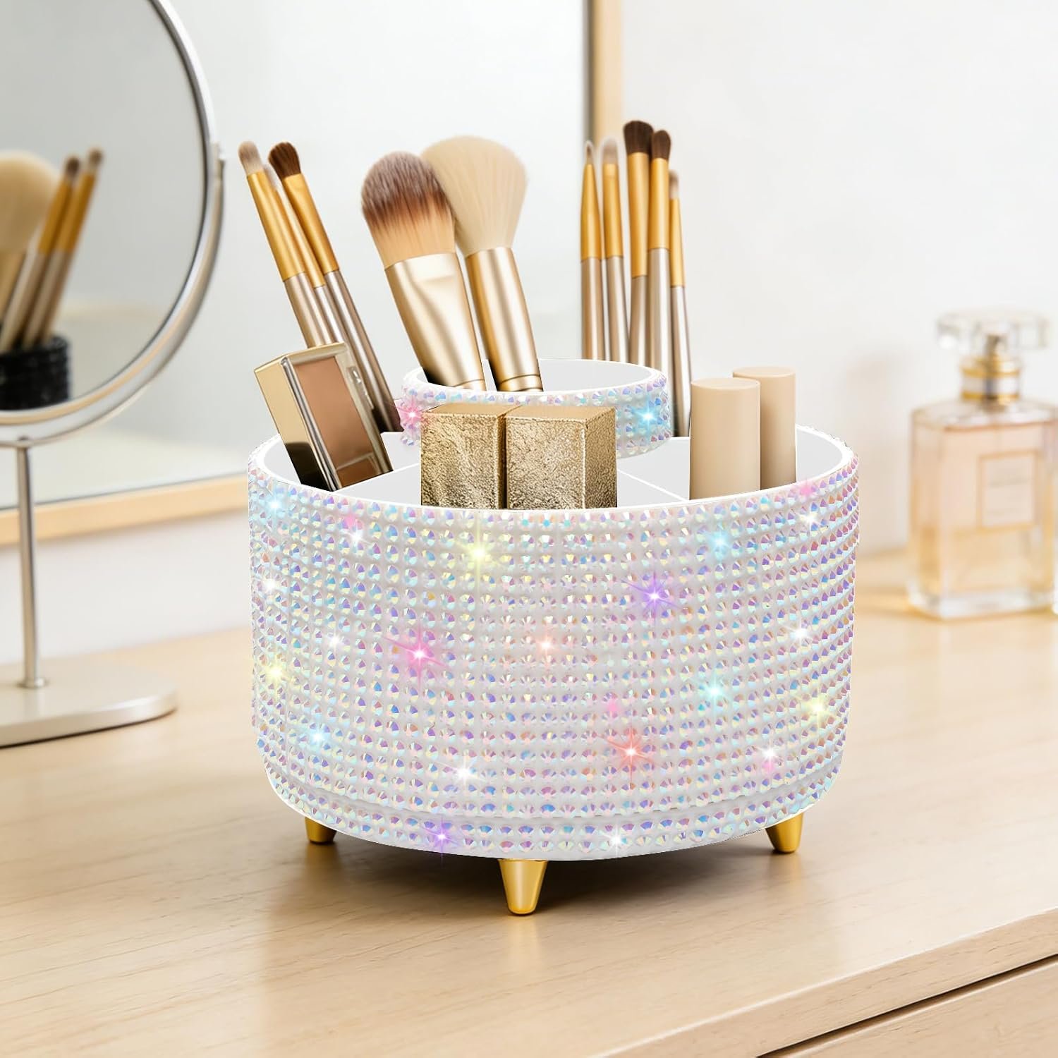Diesisa Bling Makeup Organizer: 360°Rotating Bling Rhinestone Cosmetic Display Cases -Diamond Makeup Brush Holder – 5 Slot Cup for Cosmetics – Bling Lipstick Organizer – Gift for Women – Diamond White