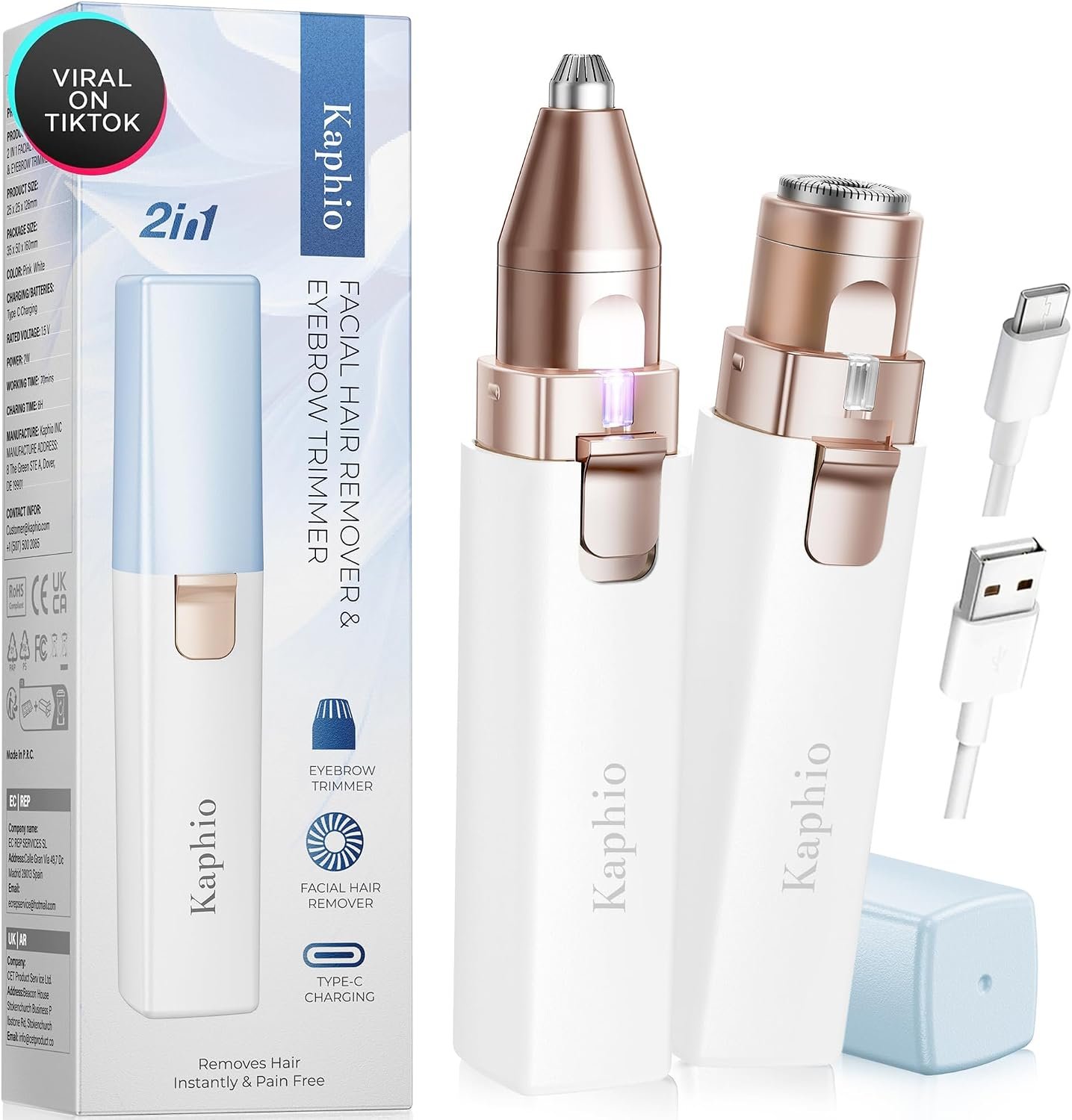 KAPHIO Facial Hair Removal for Women: 2 in 1 Electric Hair Removal Device for Chin Upper Lip Peach Fuzz & Rechargeable Eyebrow Trimmer for Shape Brows with Light (Blue)