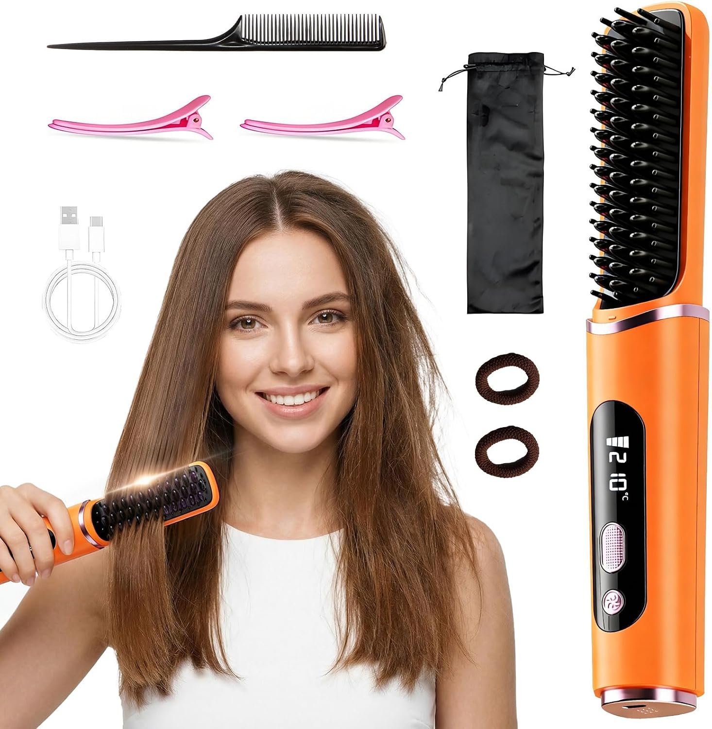 Cordless Hair Straightener Brush for Travel, 2-in-1 Mini Flat Iron with 5 Temp Settings, Digital Display & 60-Min Runtime, Anti-Scald Ceramic Coating, Portable Hot Hair Brush for Women(Orange)