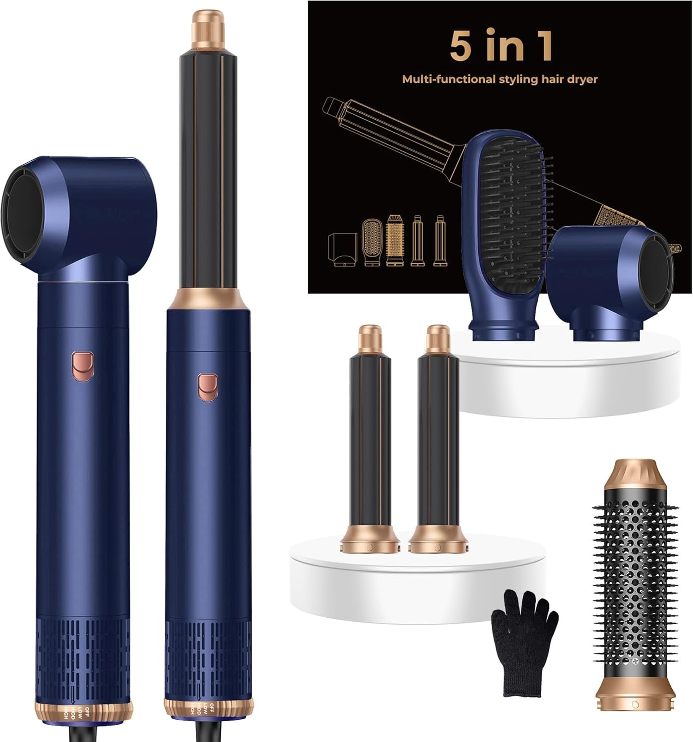 5 in ONE Hair Dryer Brush, Blow Dryer Curling Wand Hair Styling Tools Set, Ionic Hot Air Brush Round Brush Blow Dryer, Left&Right Styler 100-120V