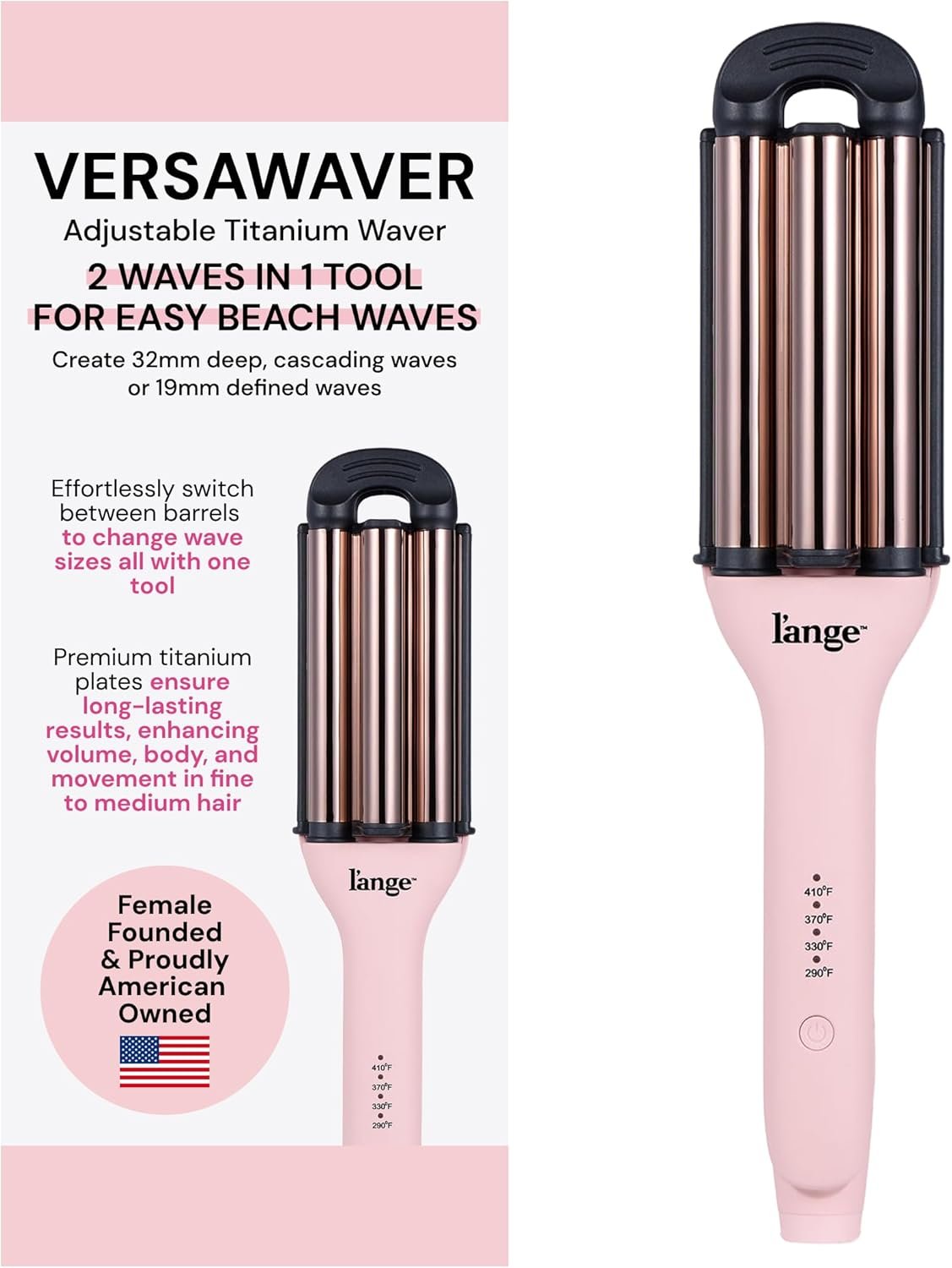 L’ANGE HAIR VersaWaver | 2-in-1 Adjustable Titanium Hair Waver & Crimper | 19mm & 32mm Barrels for Beach Waves & Defined Crimps | 3 Barrel Hair Tool with Heat Glove & Mat, Dual Voltage | Blush
