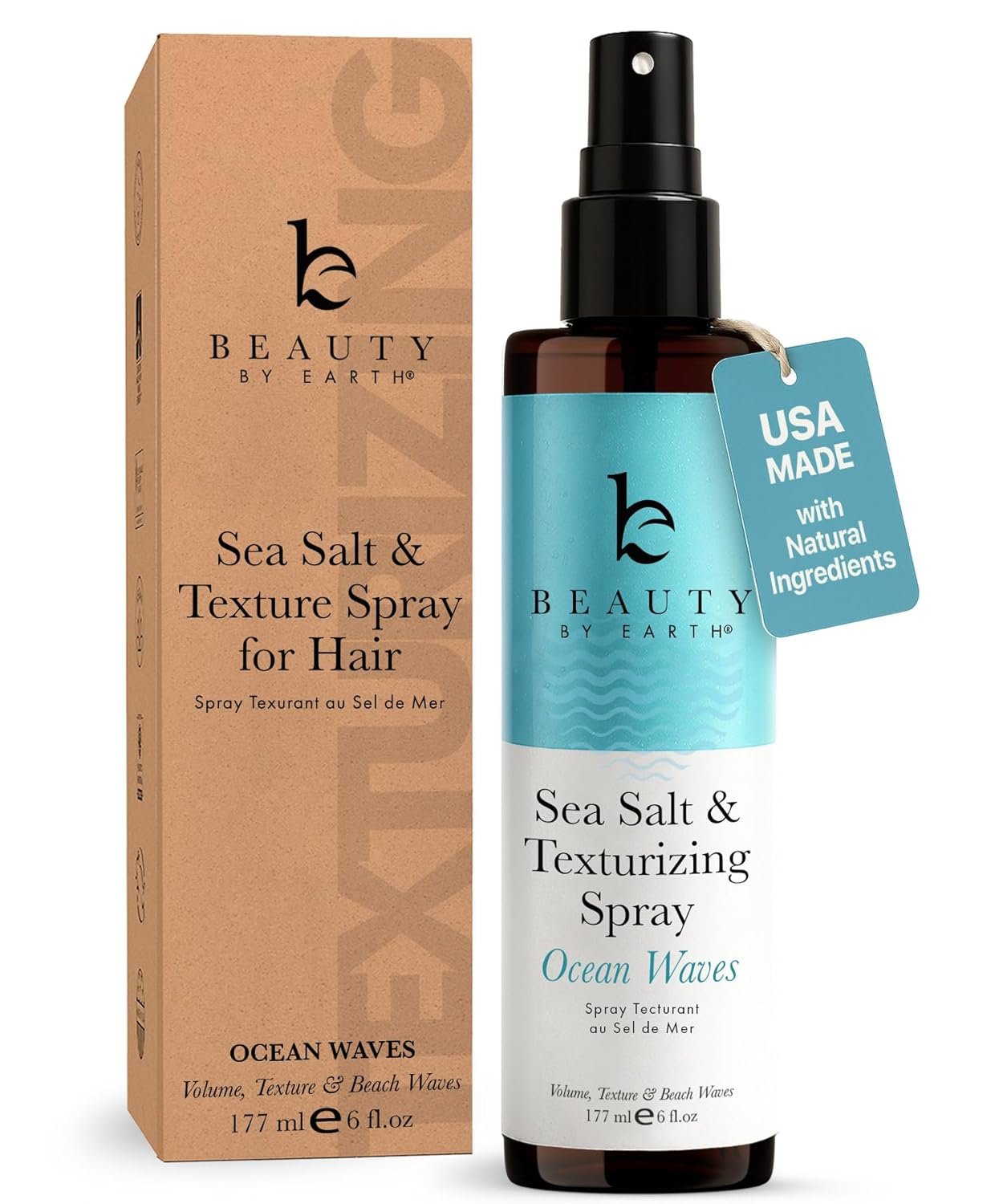 Beauty by Earth Sea Salt Spray – Aloe-Enhanced Beach Waves without Dryness, Texture & Volume Spray for All Hair Types, USA Made with Organic Ingredients, Ocean Waves Scent 6oz