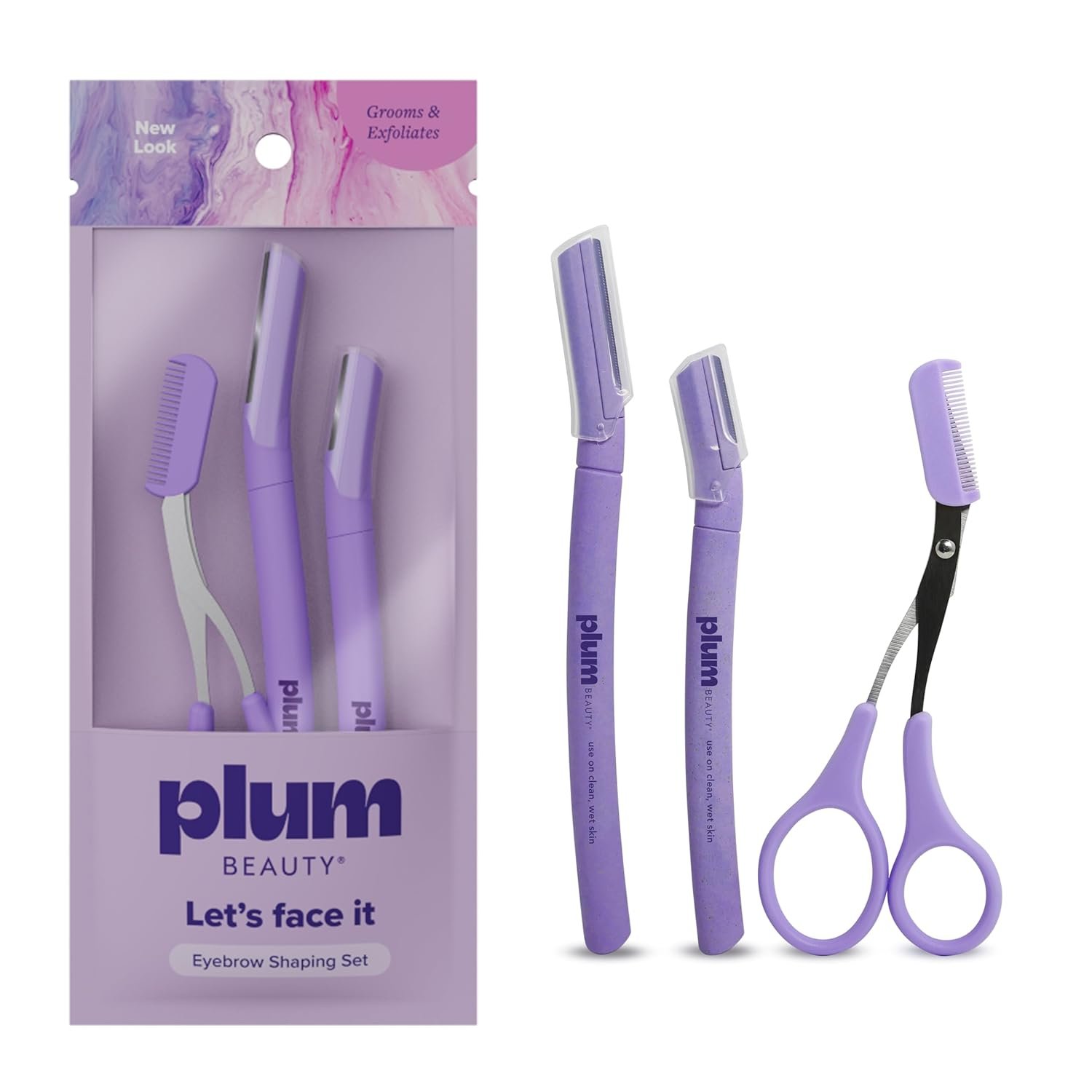 Plum Beauty Eyebrow Shaping Set – 2 Razors & Trimming Scissor with Brush | Complete 3-Piece Grooming Kit, Painless Brow Definition & Maintenance
