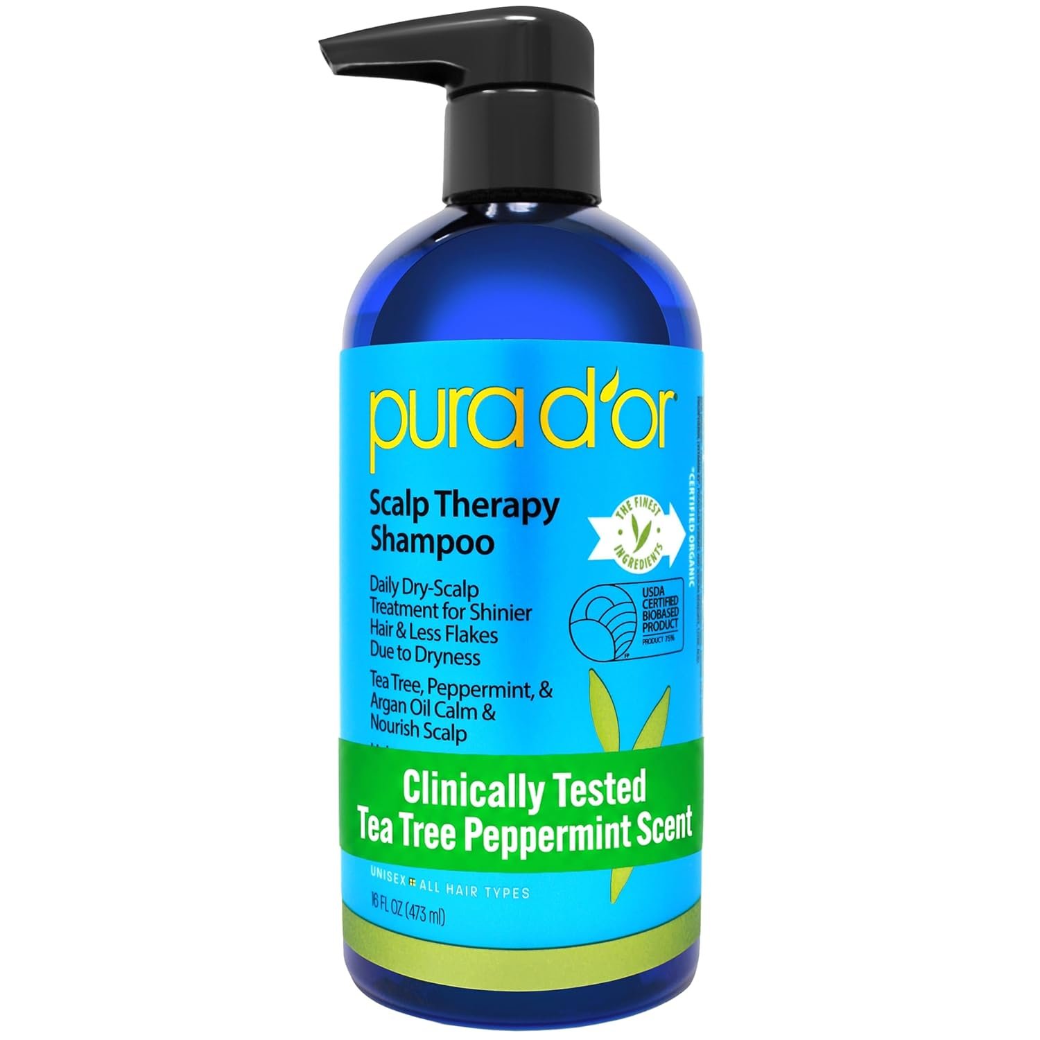 PURA D’OR Scalp Therapy Shampoo Hydrates & Nourishes Scalp – Scalp Shampoo For Itchy Flaky Scalp w/Tea Tree, Peppermint, Patchouli, Cedarwood, Clary Sage, Argan Oil, Tea Tree Peppermint Scent 16 Oz